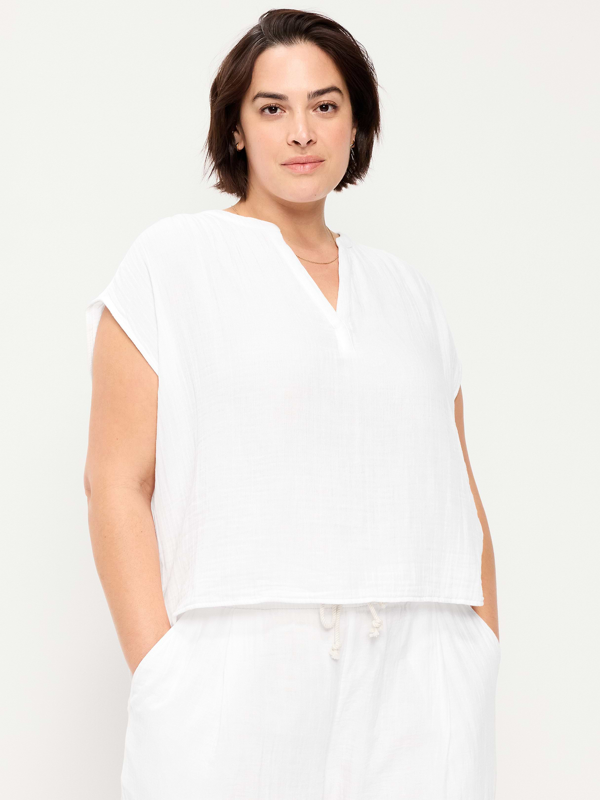 Short-Sleeve Crinkle Gauze Popover Top - White Lilies