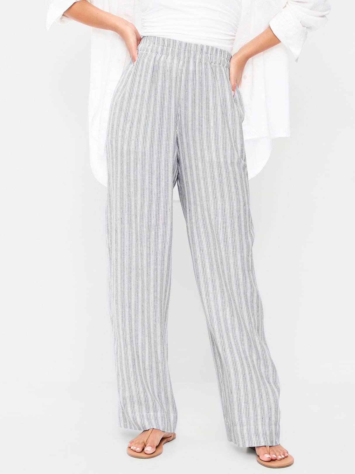High-Waisted Linen-Blend Super Wide-Leg Pants - Blue Stripe