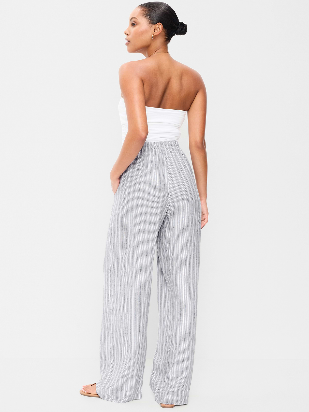 High-Waisted Linen-Blend Super Wide-Leg Pants - Blue Stripe