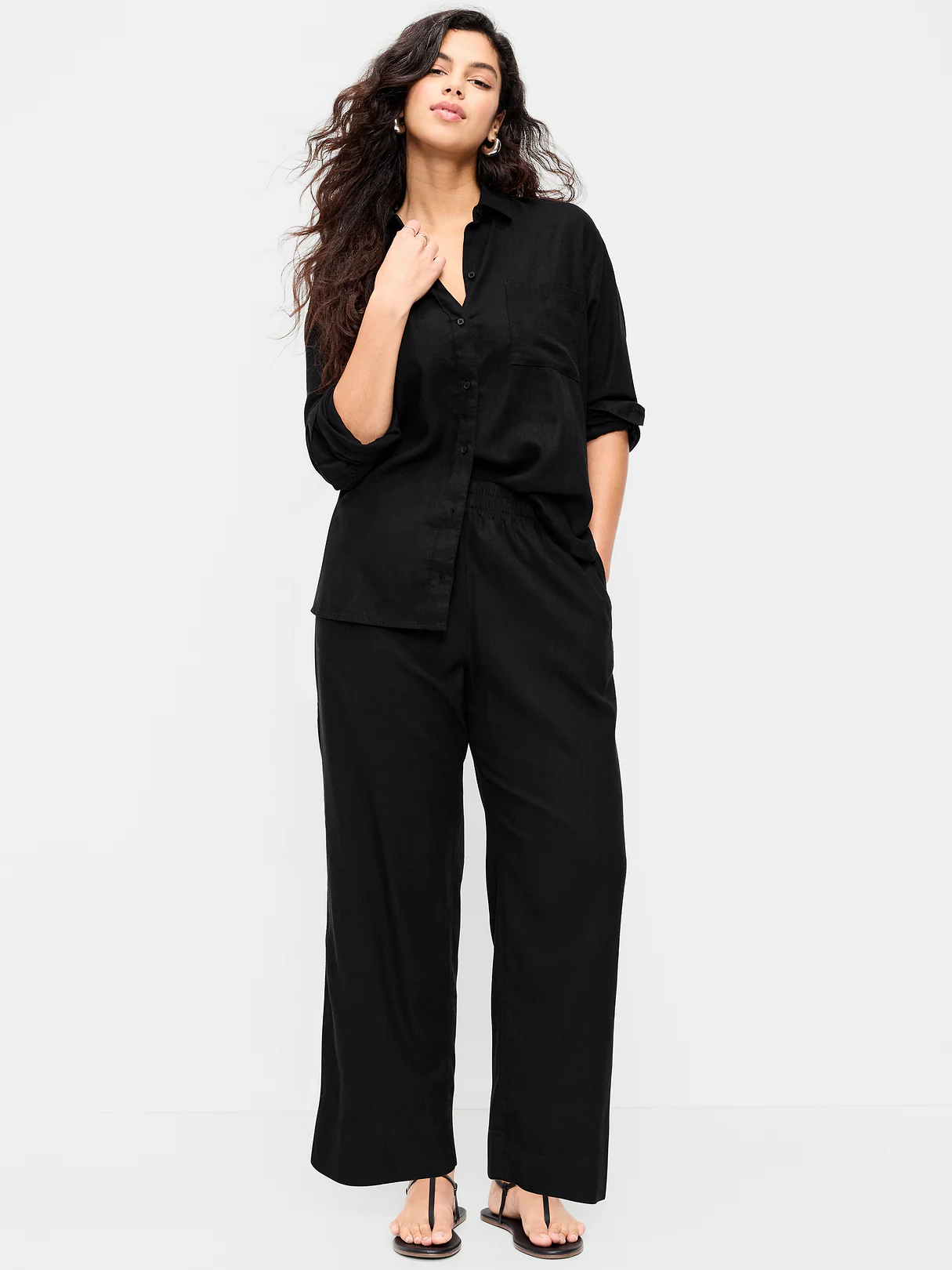 High-Waisted Linen-Blend Straight Ankle Pants - Black Jack