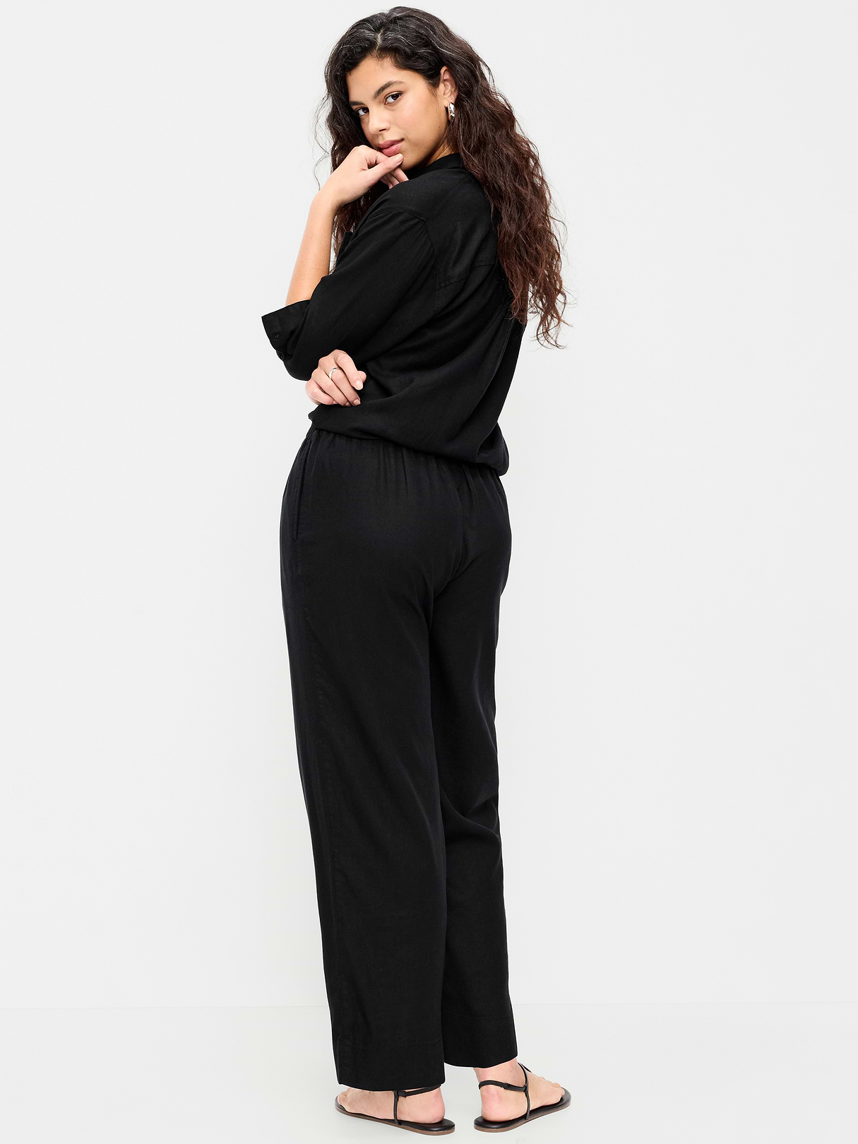 High-Waisted Linen-Blend Straight Ankle Pants - Black Jack