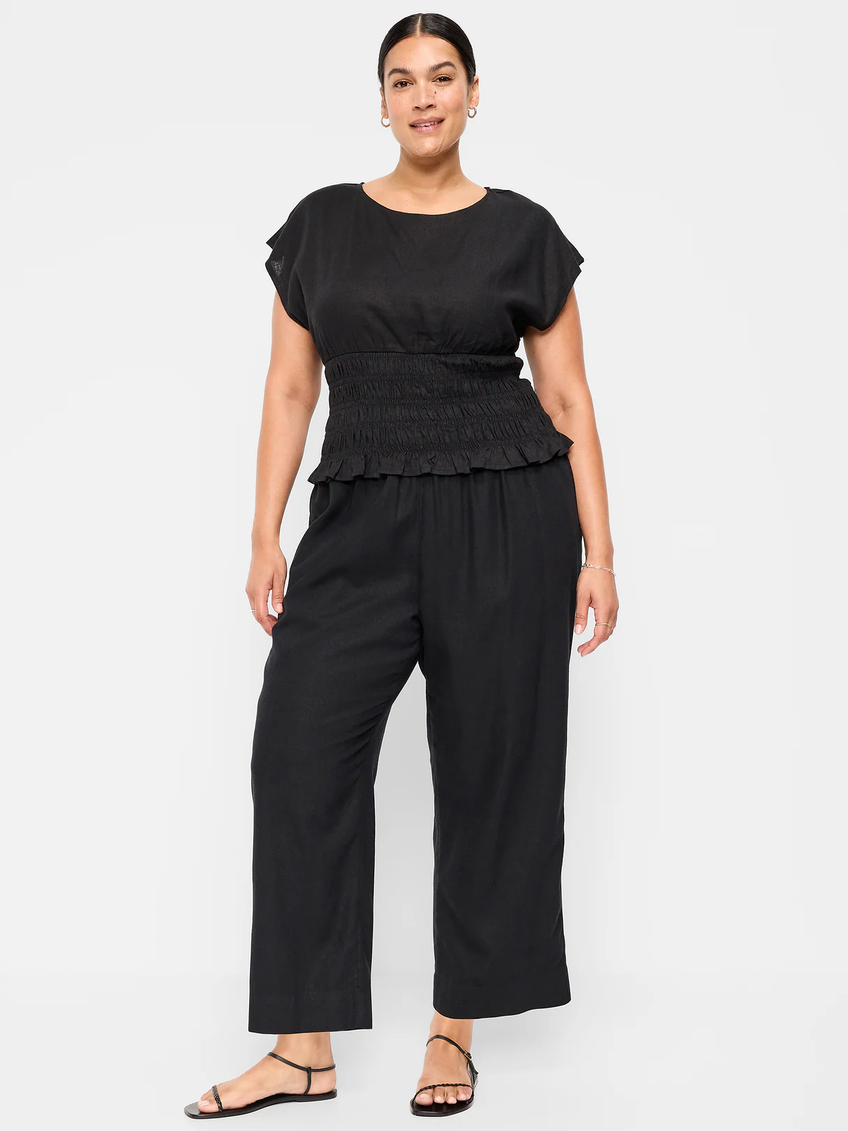High-Waisted Linen-Blend Straight Ankle Pants - Black Jack