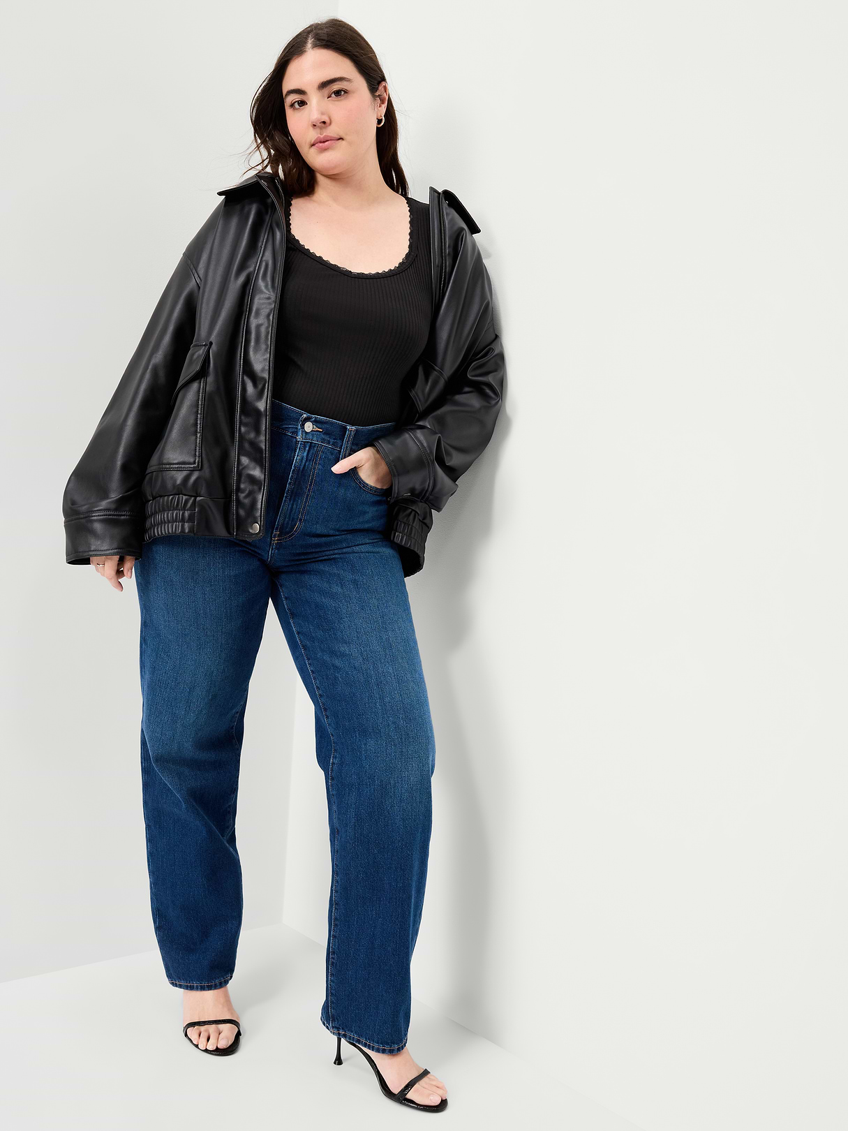 Lace-Trim Sweetheart-Neck Ribbed Top - Black Jack