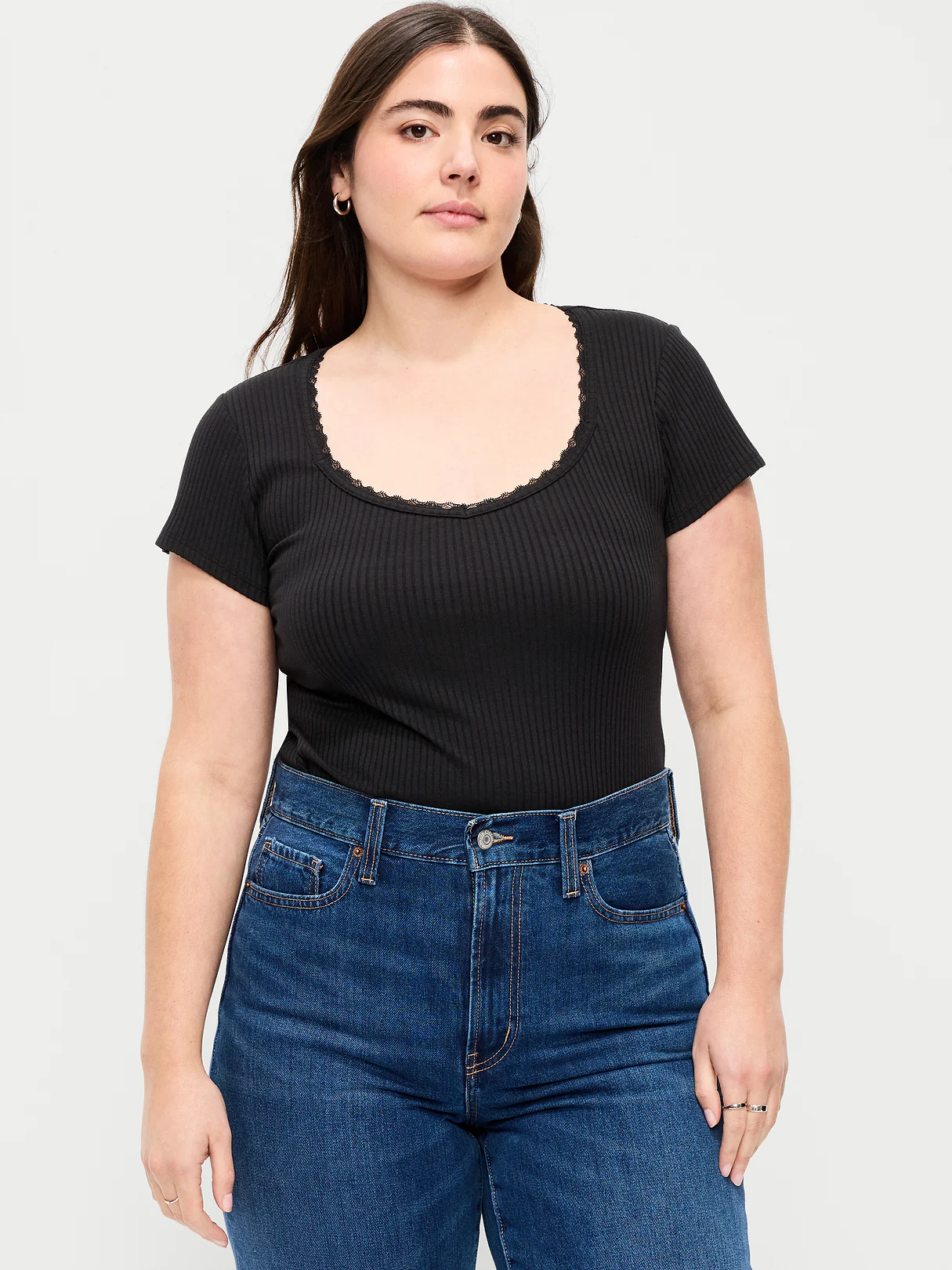 Lace-Trim Sweetheart-Neck Ribbed Top - Black Jack