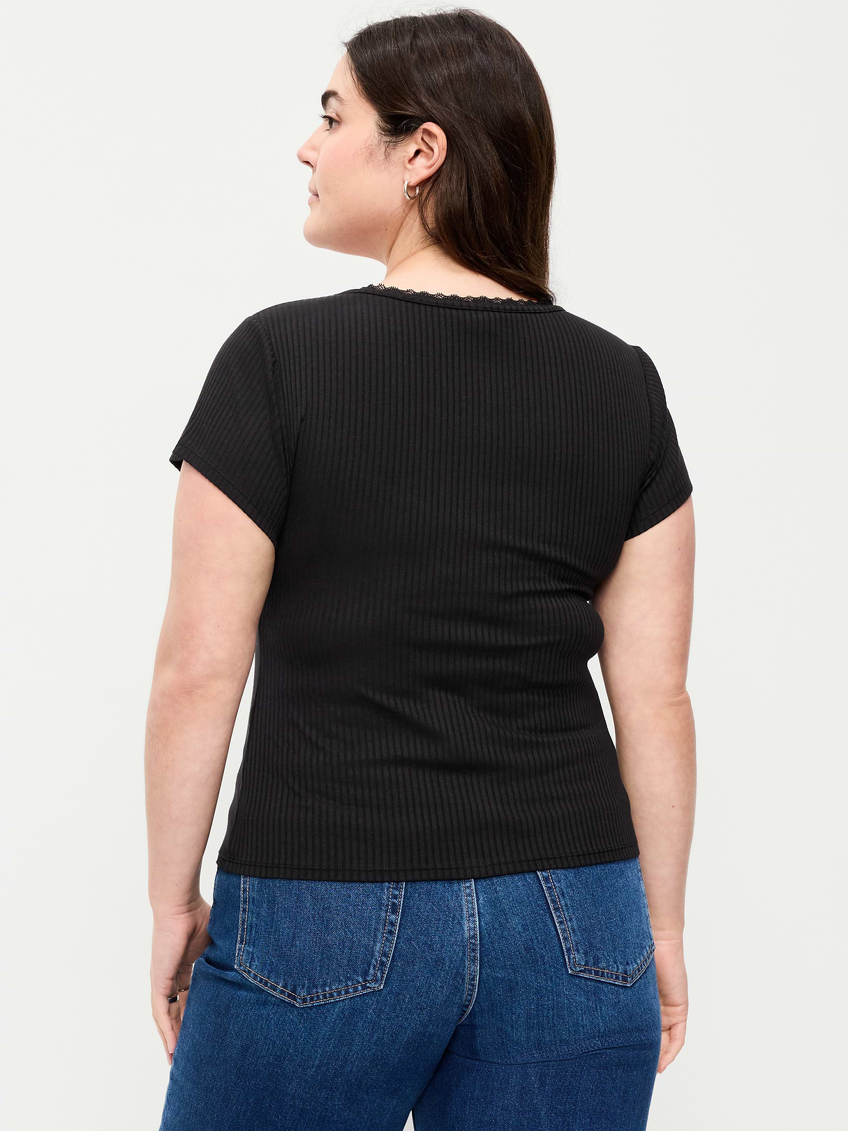 Lace-Trim Sweetheart-Neck Ribbed Top - Black Jack