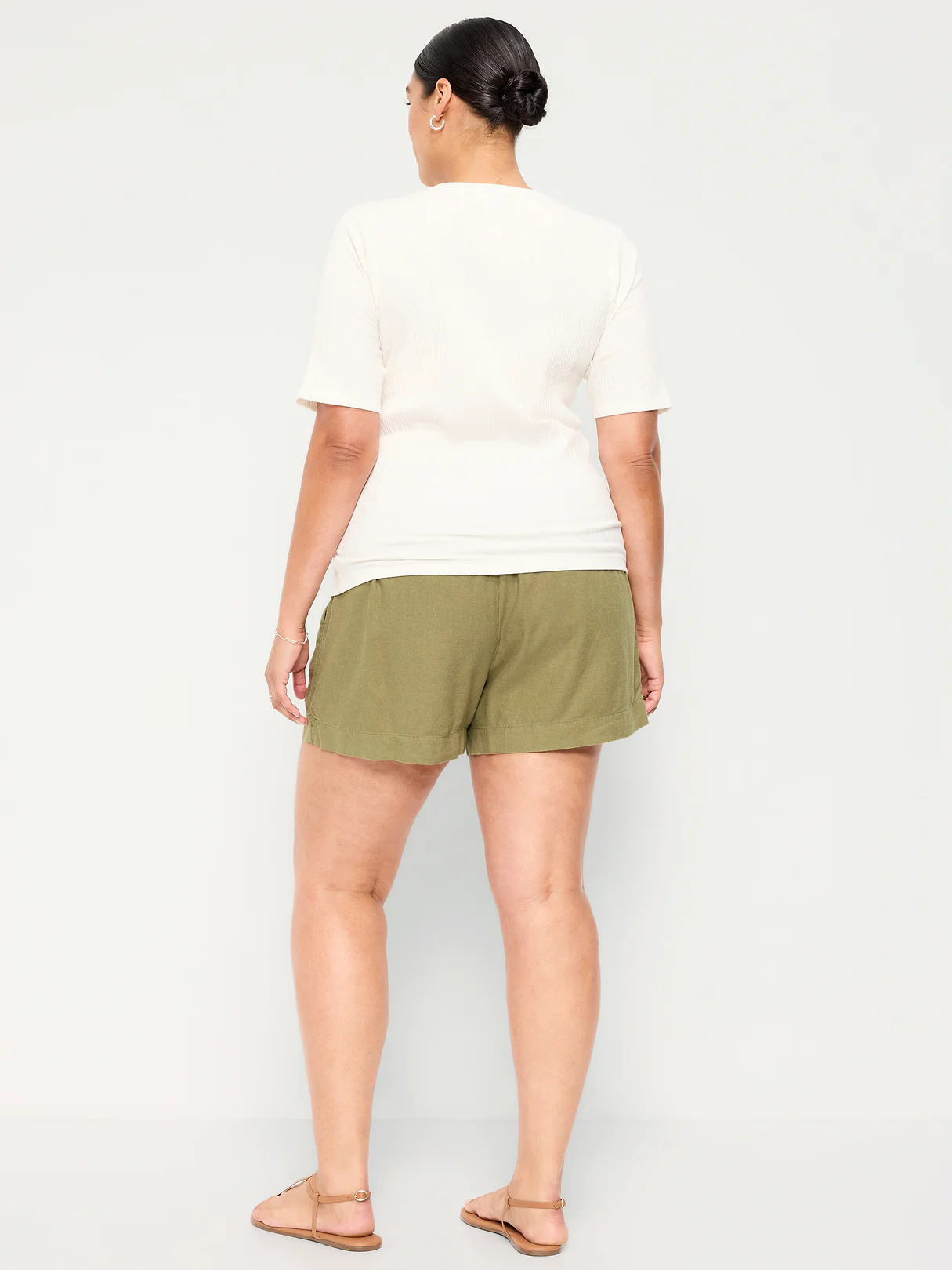 High-Waisted Beach Linen Pull-On Shorts - Kombu