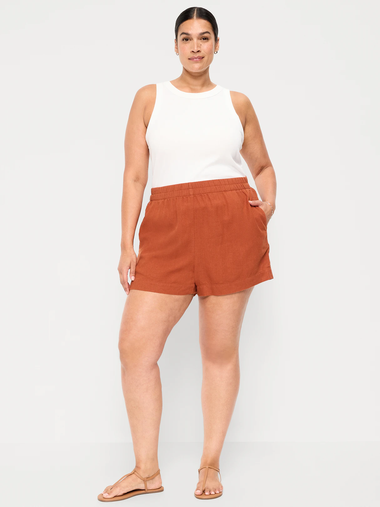 High-Waisted Beach Linen Pull-On Shorts - Russet Moon