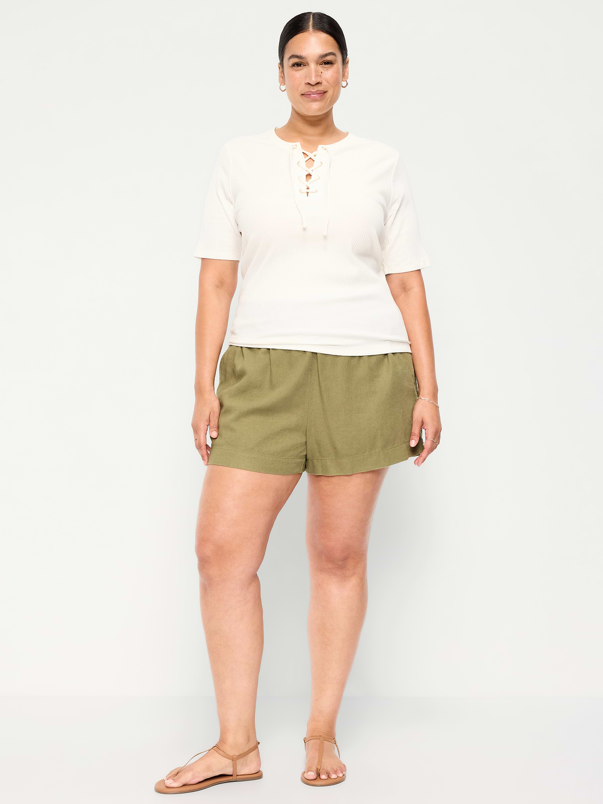 High-Waisted Beach Linen Pull-On Shorts - Kombu