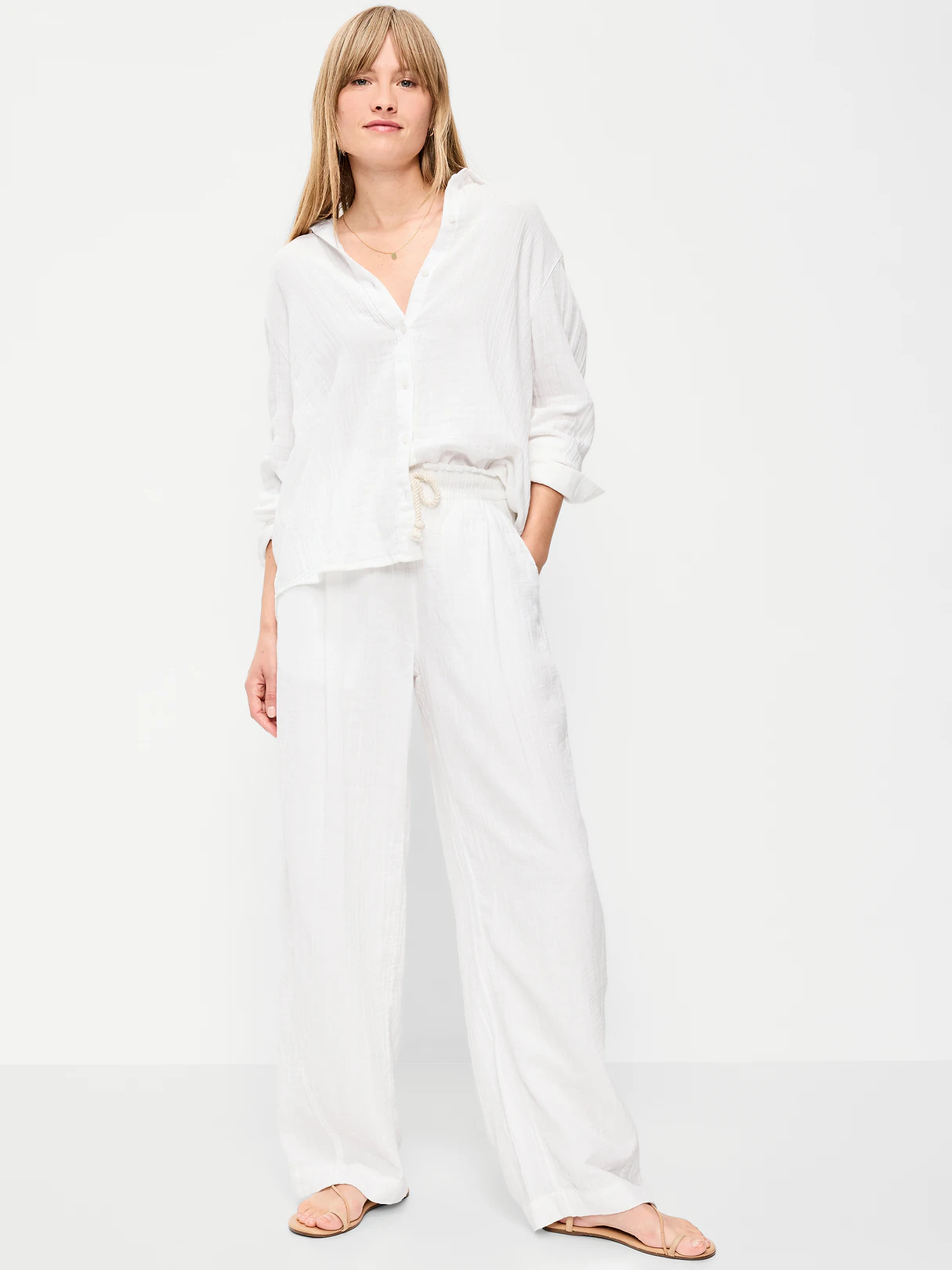 High-Waisted Crinkle Gauze Barrel Ankle Pants - White Lilies