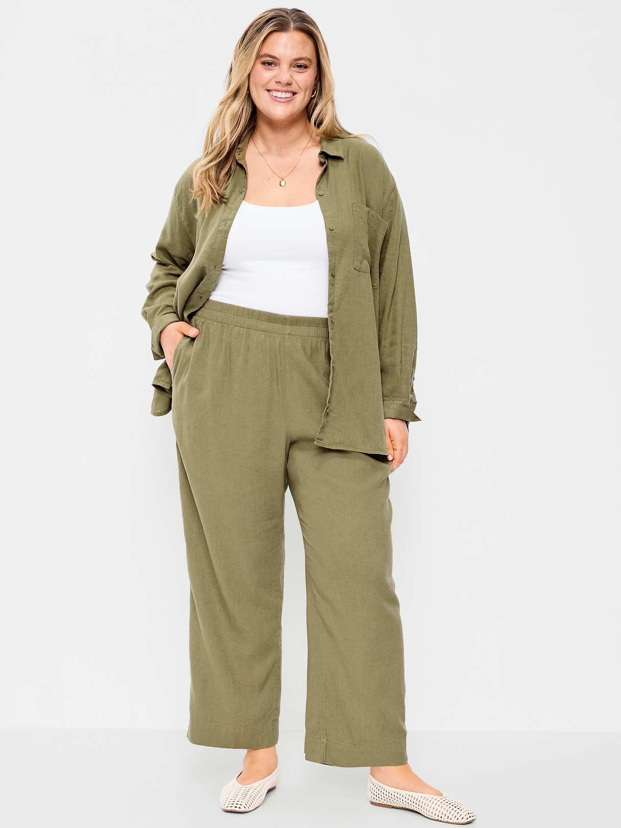 High-Waisted Linen-Blend Straight Ankle Pants - Kombu