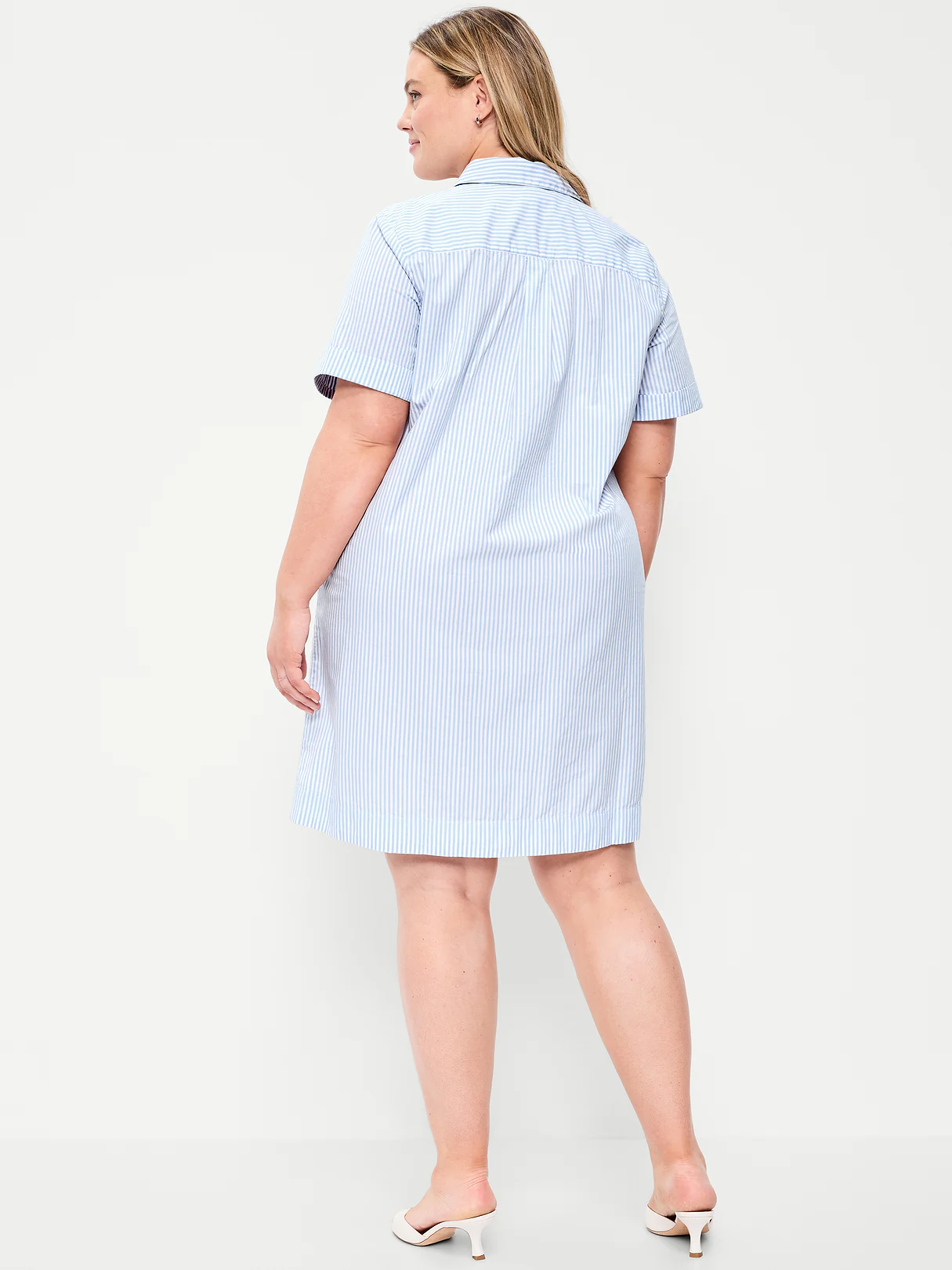 Button-Down Mini Shirt Dress - White & Blue Stripe