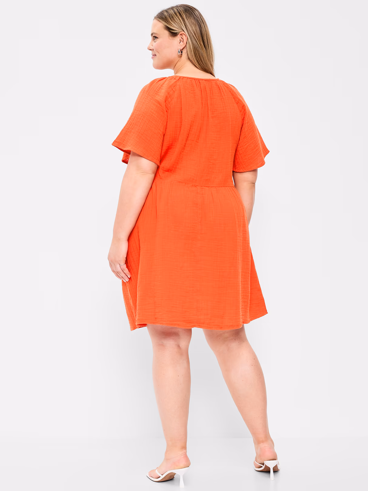 Crinkle Gauze Flutter-Sleeve Mini Swing Dress - Ornament Orange