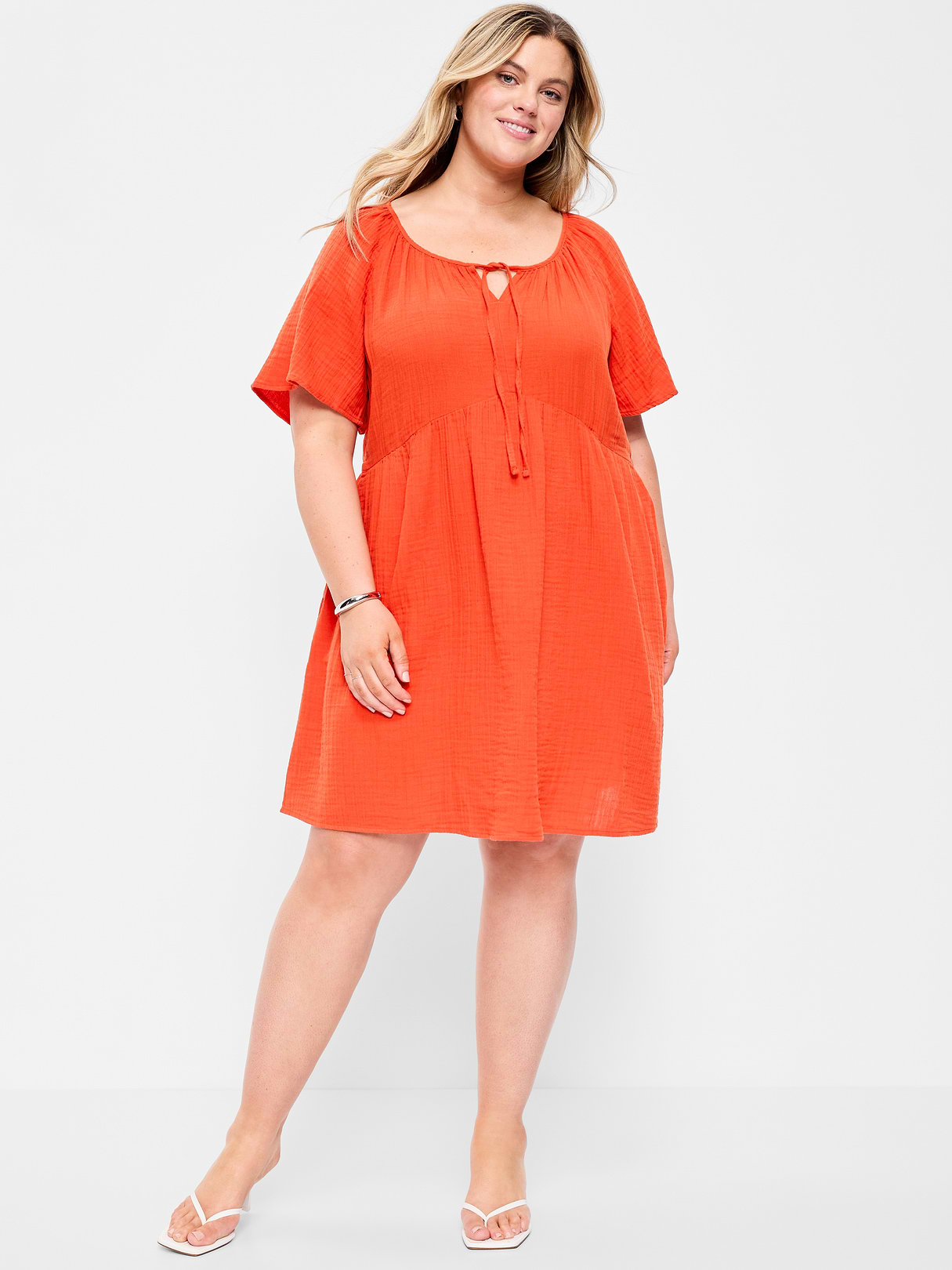Crinkle Gauze Flutter-Sleeve Mini Swing Dress - Ornament Orange