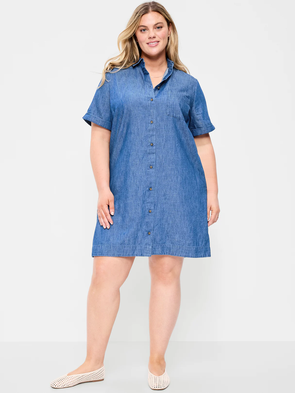 Button-Down Mini Shirt Dress - Chambray Blue