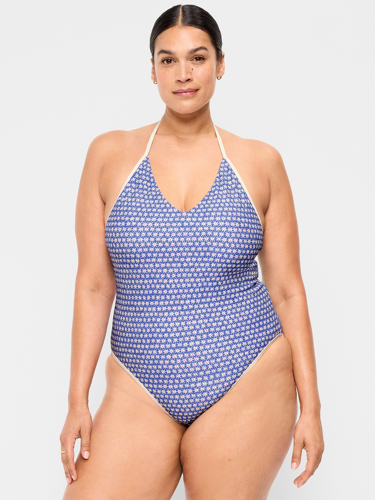 Pique V-Neck Halter Swimsuit - Blue Ditsy Floral