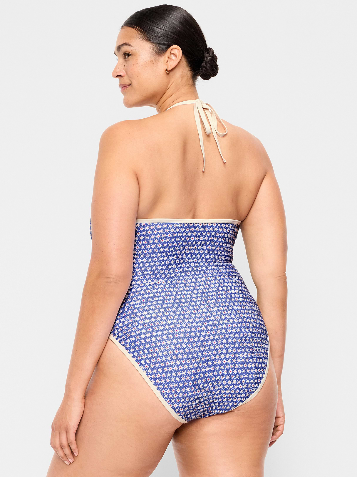 Pique V-Neck Halter Swimsuit - Blue Ditsy Floral