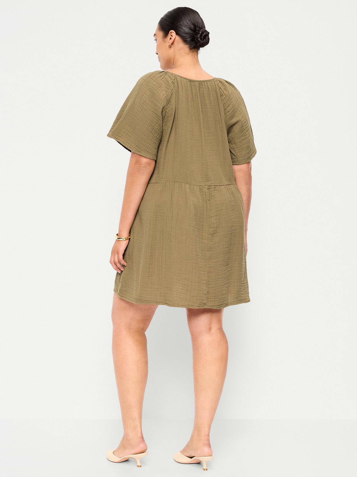 Crinkle Gauze Flutter-Sleeve Mini Swing Dress - Kombu