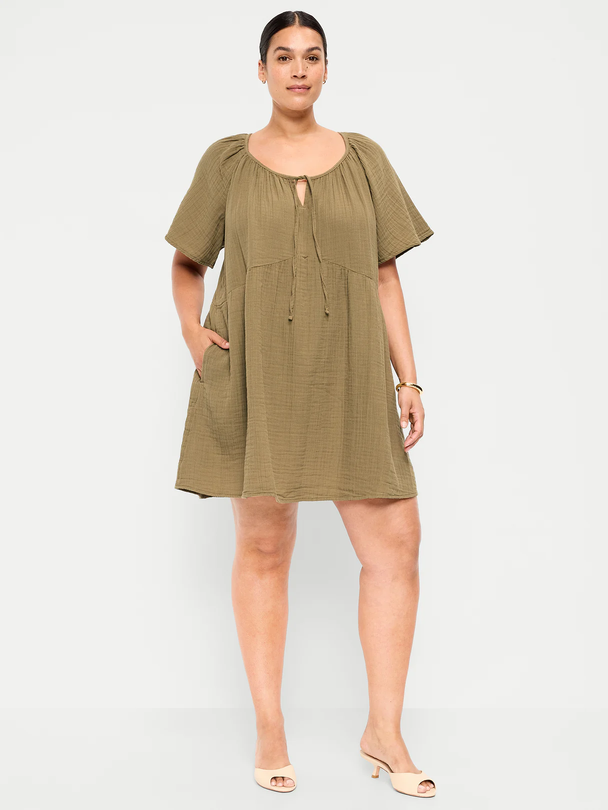 Crinkle Gauze Flutter-Sleeve Mini Swing Dress - Kombu