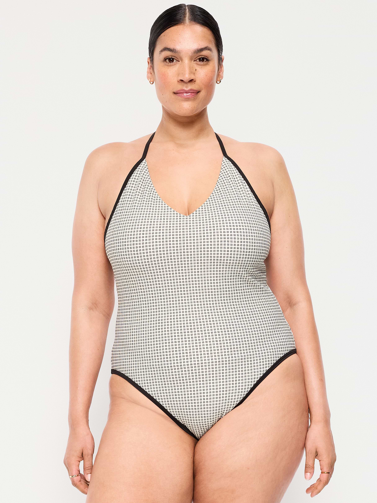 Pique V-Neck Halter Swimsuit - Black/White Gingham