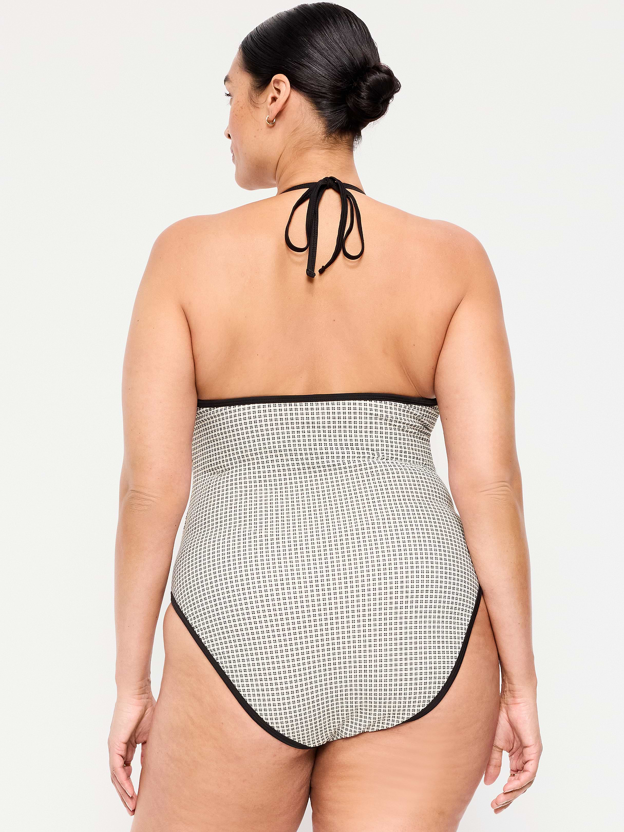Pique V-Neck Halter Swimsuit - Black/White Gingham