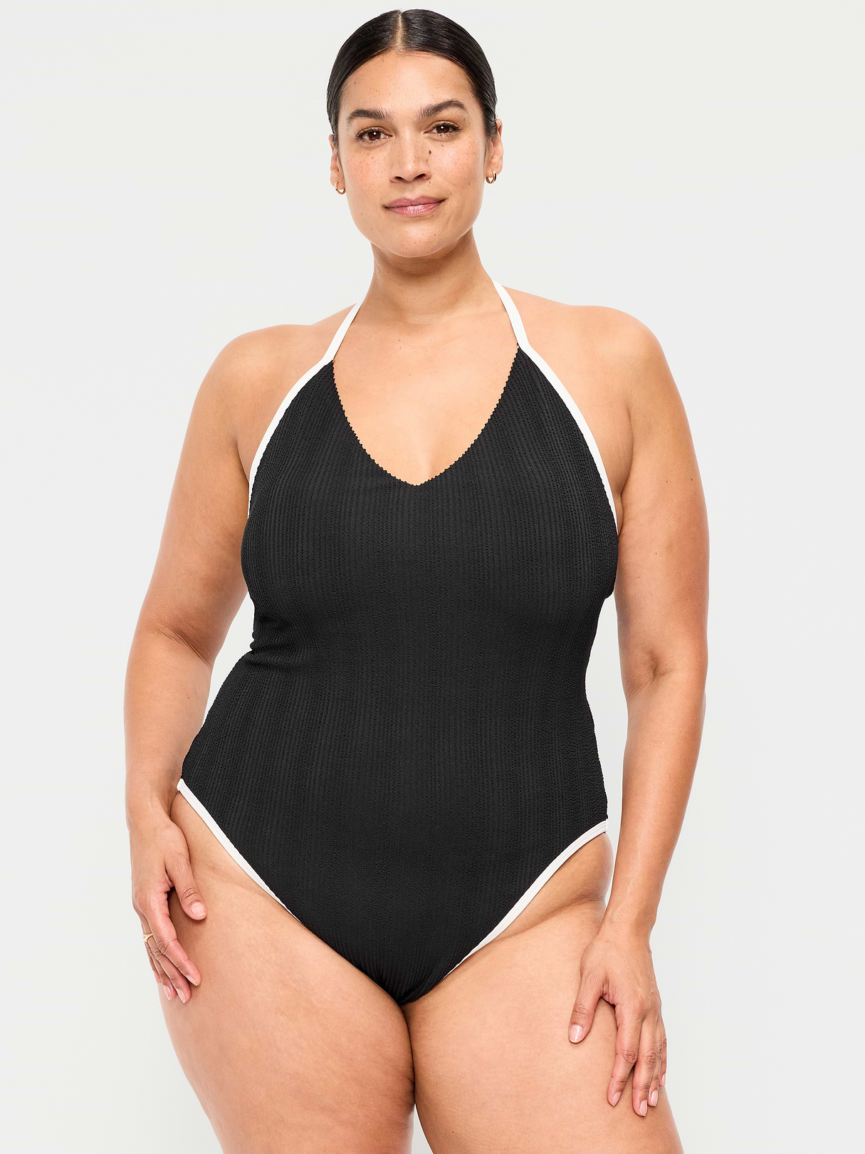 Pique V-Neck Halter Swimsuit - Black Jack (861796032)
