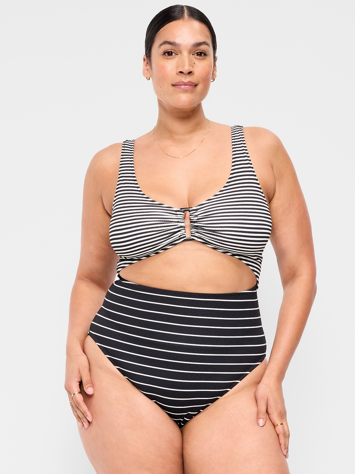 Textured One-Piece Cut-Out Swimsuit - Black White Stripe