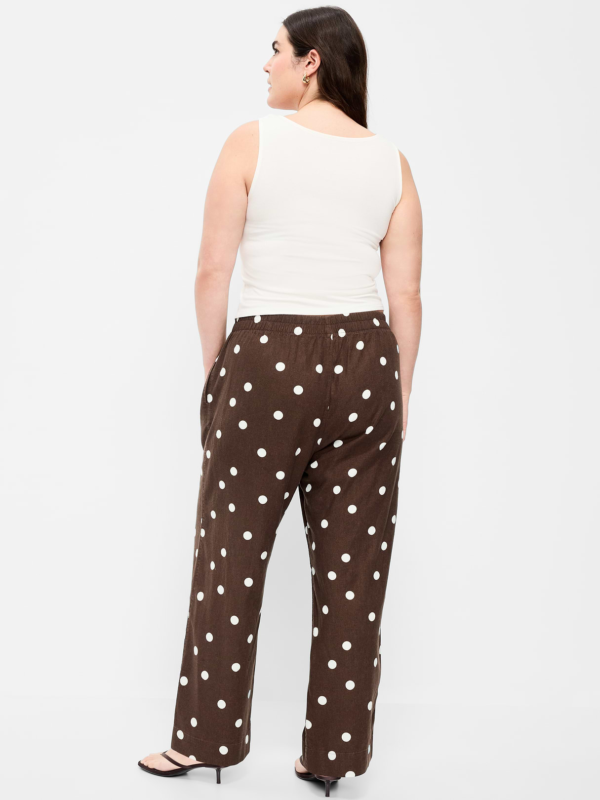 High-Waisted Linen-Blend Straight Ankle Pants - Brown Dots