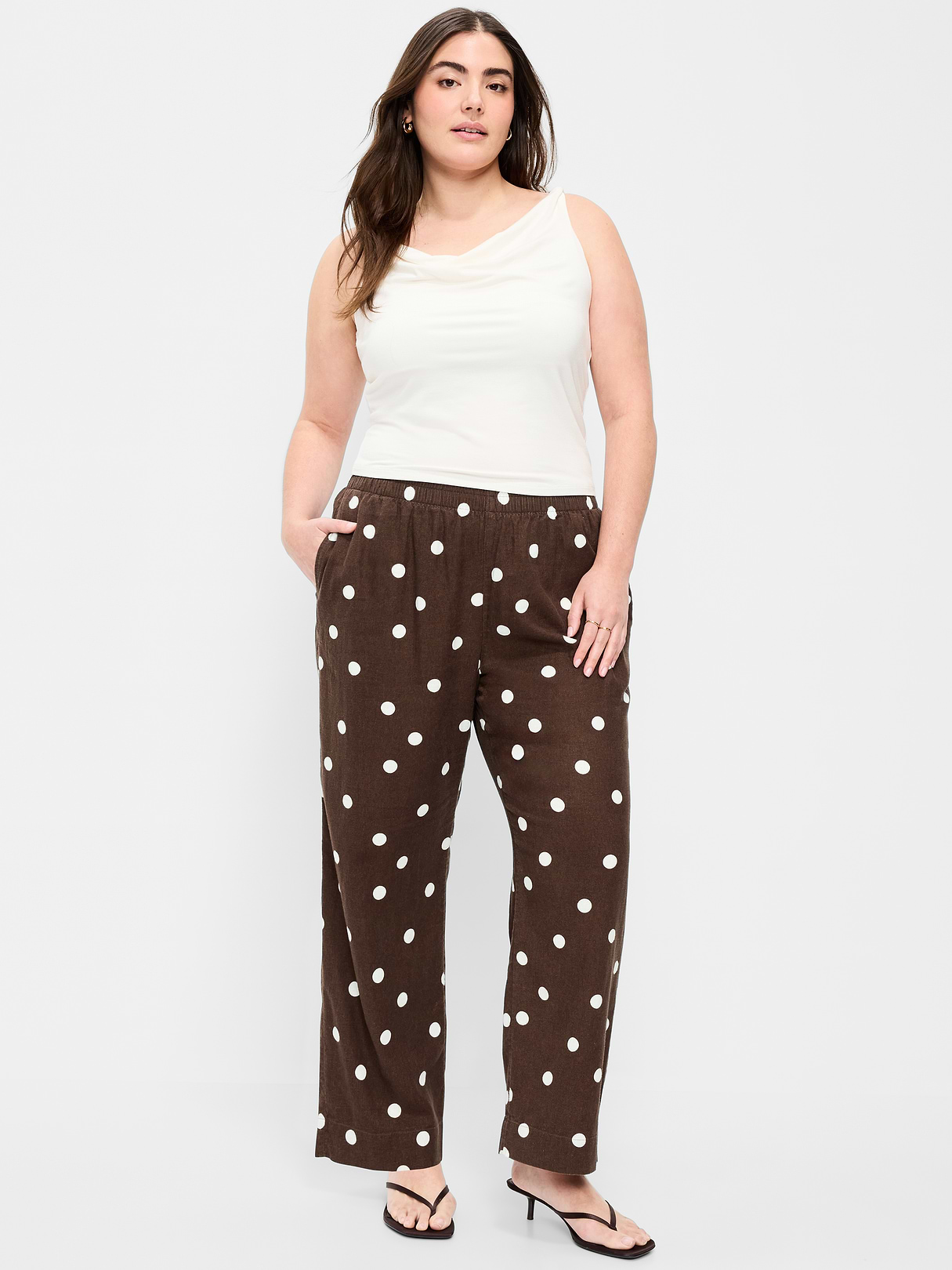 High-Waisted Linen-Blend Straight Ankle Pants - Brown Dots