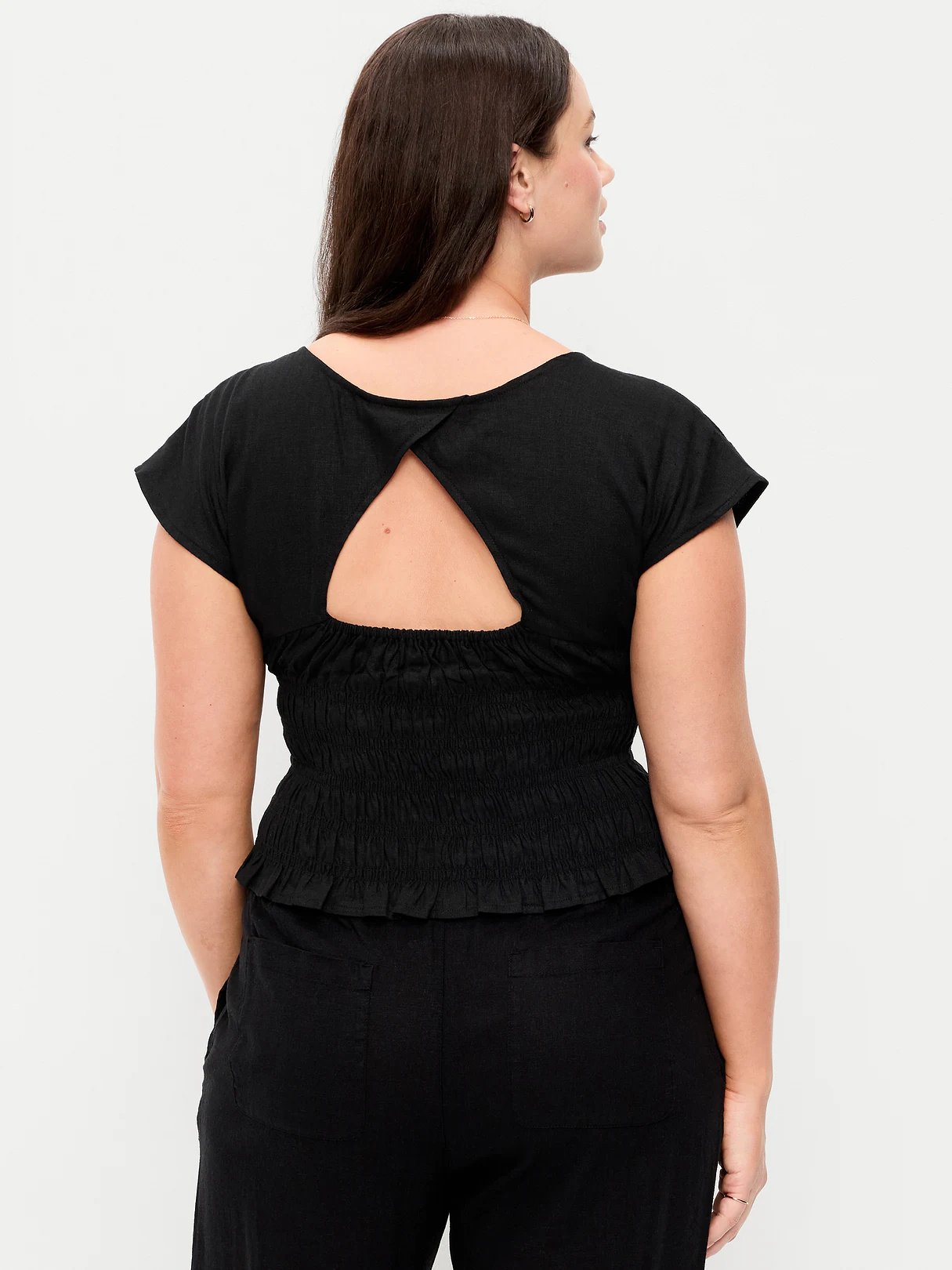 Linen-Blend Short-Sleeve Smocked Top - Black Jack