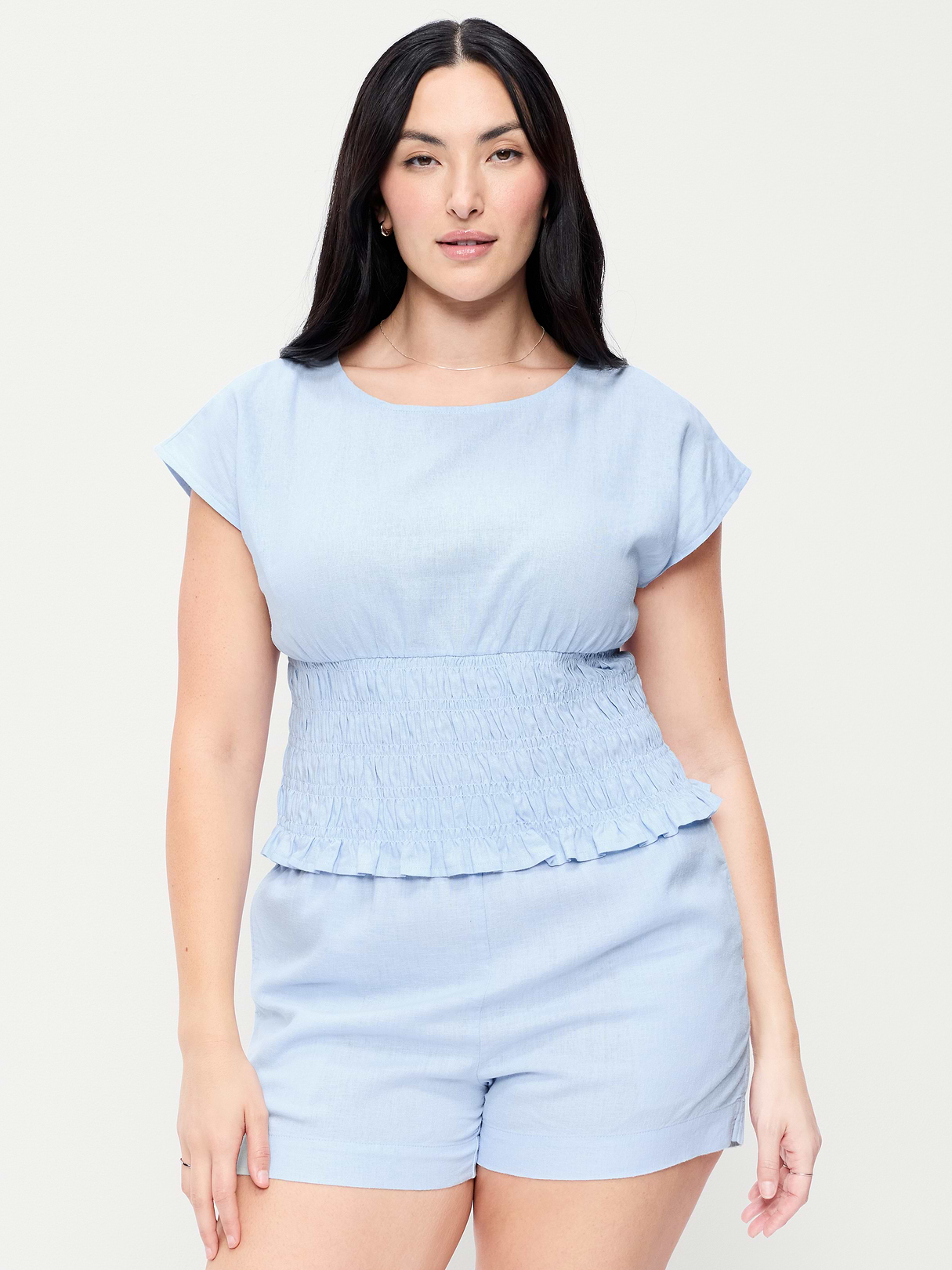 Linen-Blend Short-Sleeve Smocked Top - Sky Maintenance