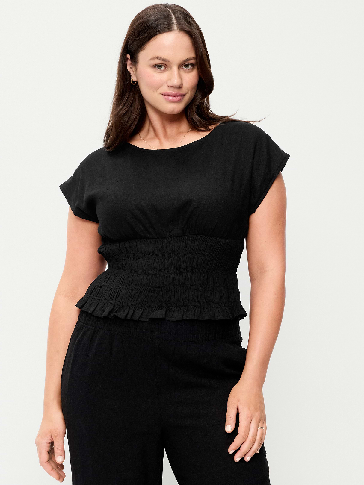 Linen-Blend Short-Sleeve Smocked Top - Black Jack