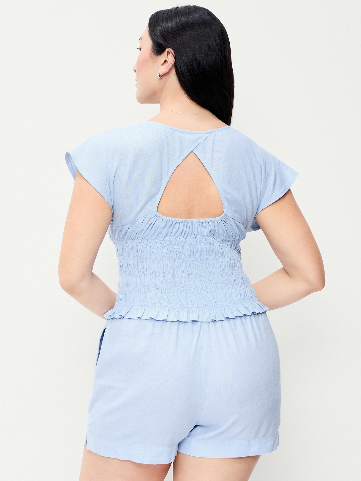 Linen-Blend Short-Sleeve Smocked Top - Sky Maintenance