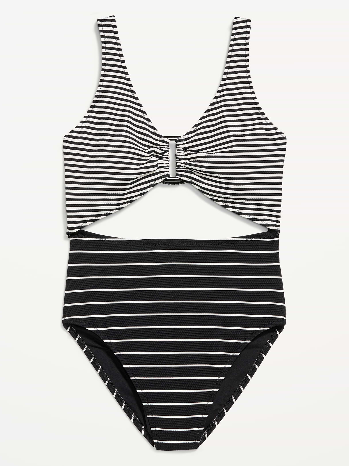 Textured One-Piece Cut-Out Swimsuit - Black White Stripe