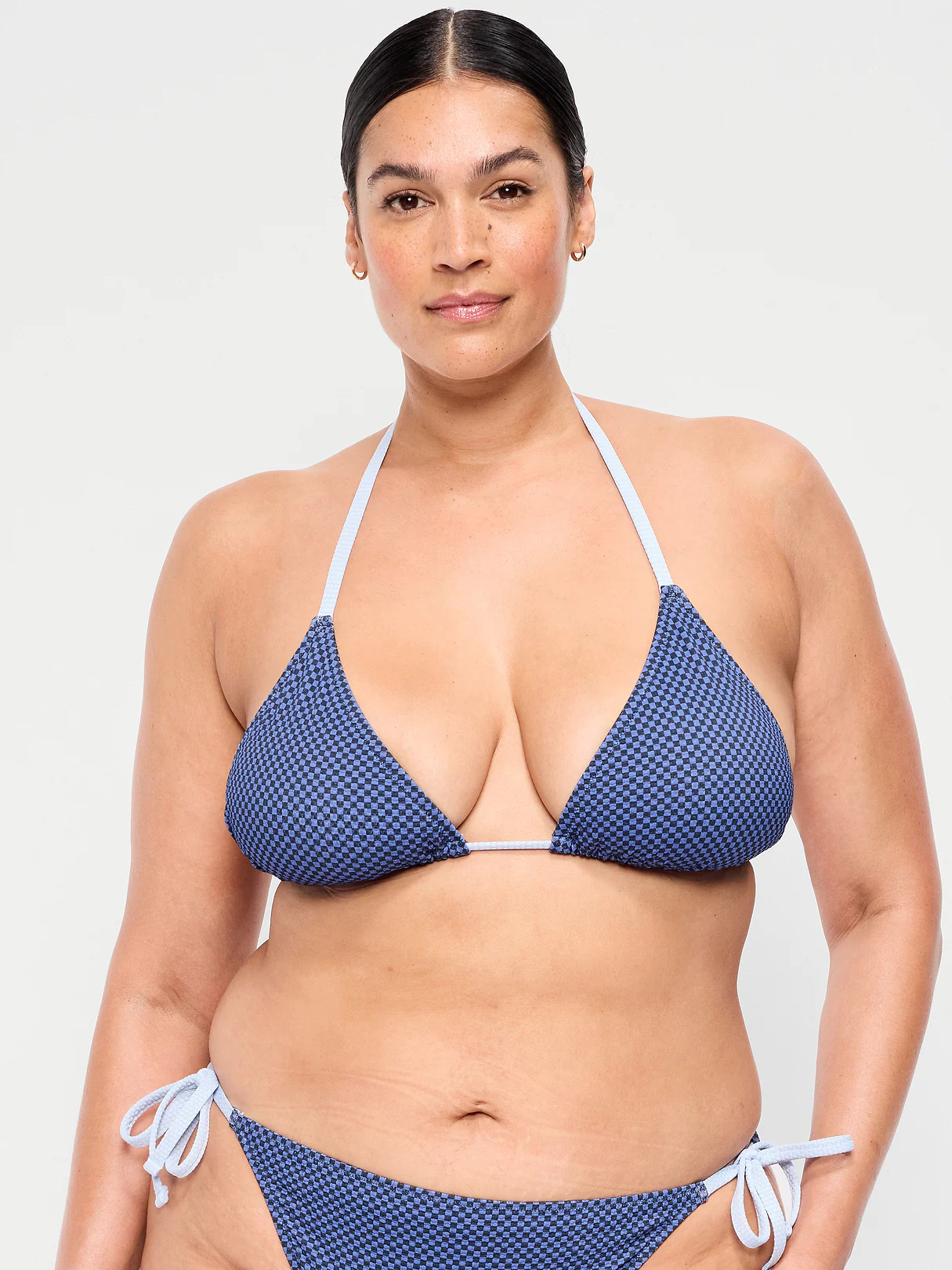 Pique Triangle String Bikini Swim Top - Blue Checkerboard