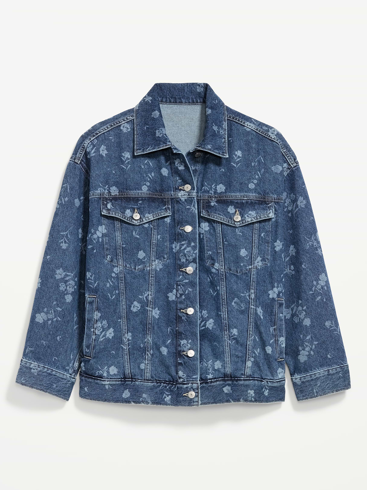 Oversized Floral Print Jean Trucker Jacket - Indigo