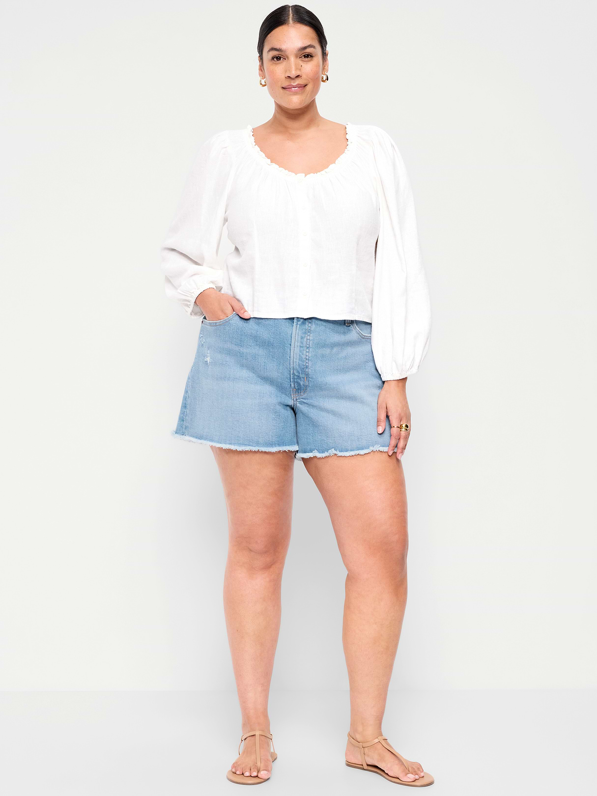 High-Waisted OG Jean Shorts -- 4-inch inseam - Indigo Shreds