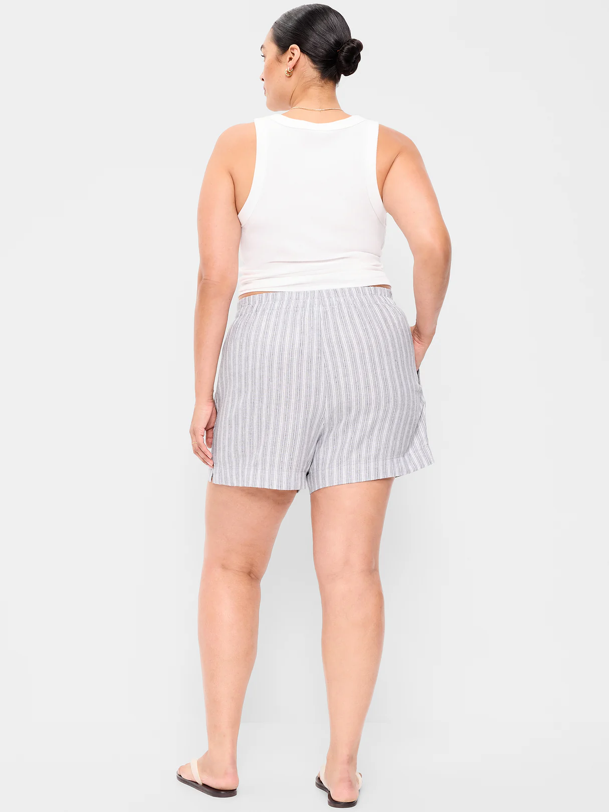 High-Waisted Beach Linen Pull-On Shorts - White & Blue Stripe