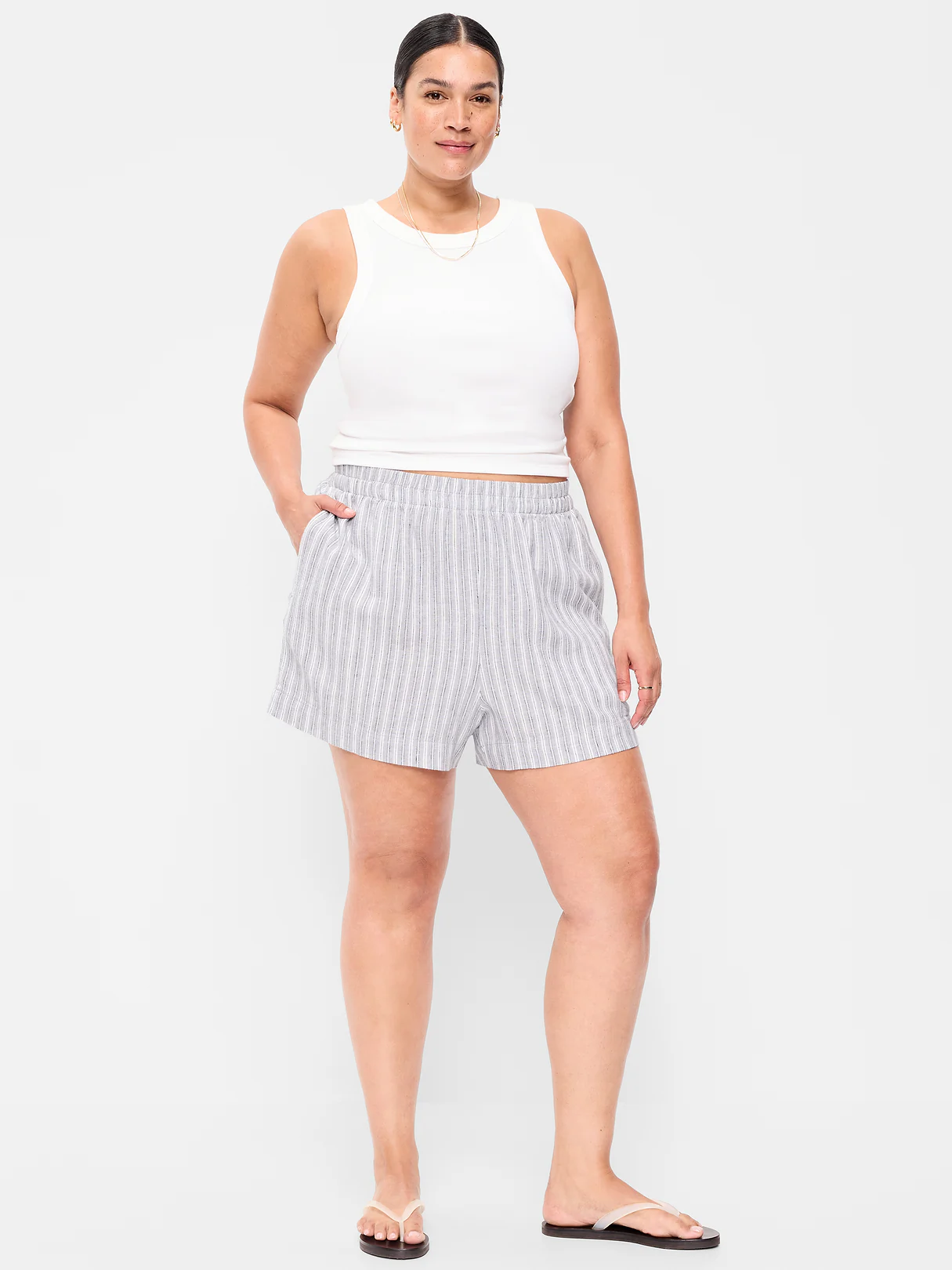 High-Waisted Beach Linen Pull-On Shorts - White & Blue Stripe