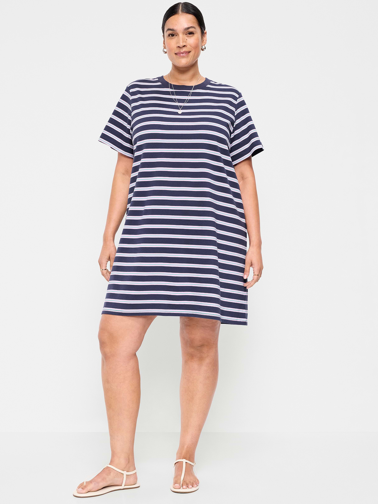 Vintage Crew-Neck Mini T-Shirt Dress - Navy Stripe