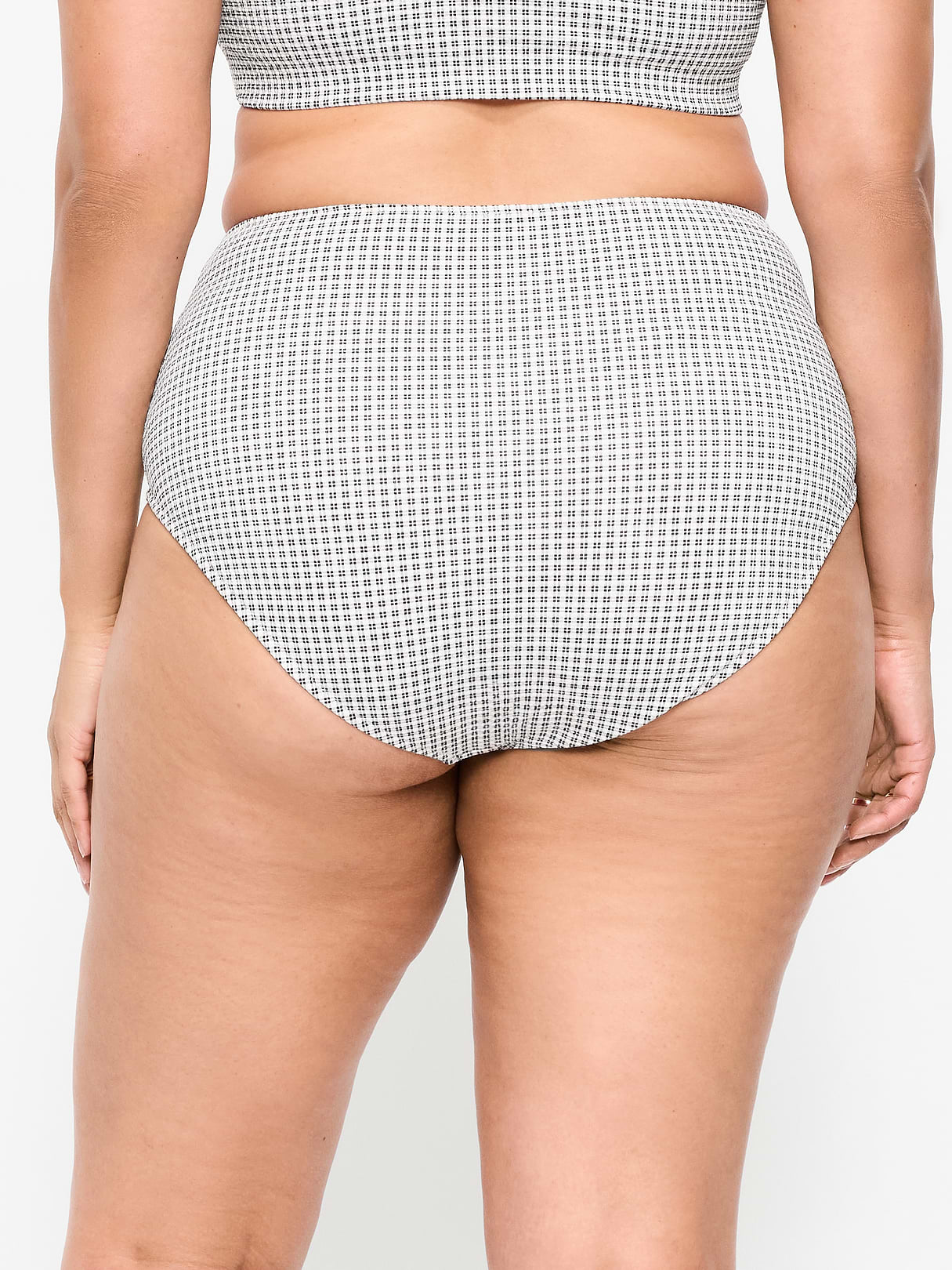 High-Waisted Ribbed Bikini Swim Bottoms - Black/White Gingham