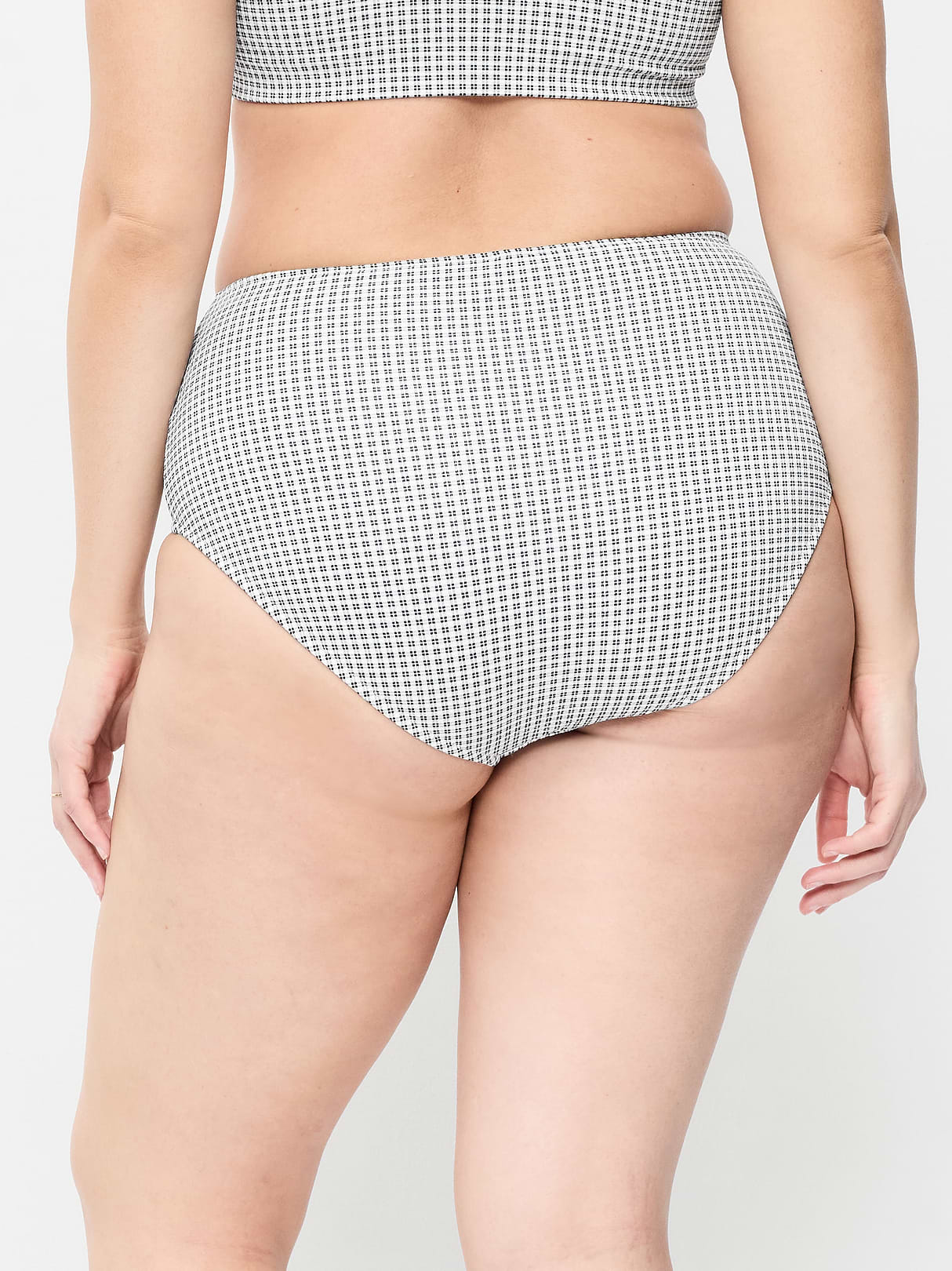 High-Waisted Ribbed Bikini Swim Bottoms - Black/White Gingham