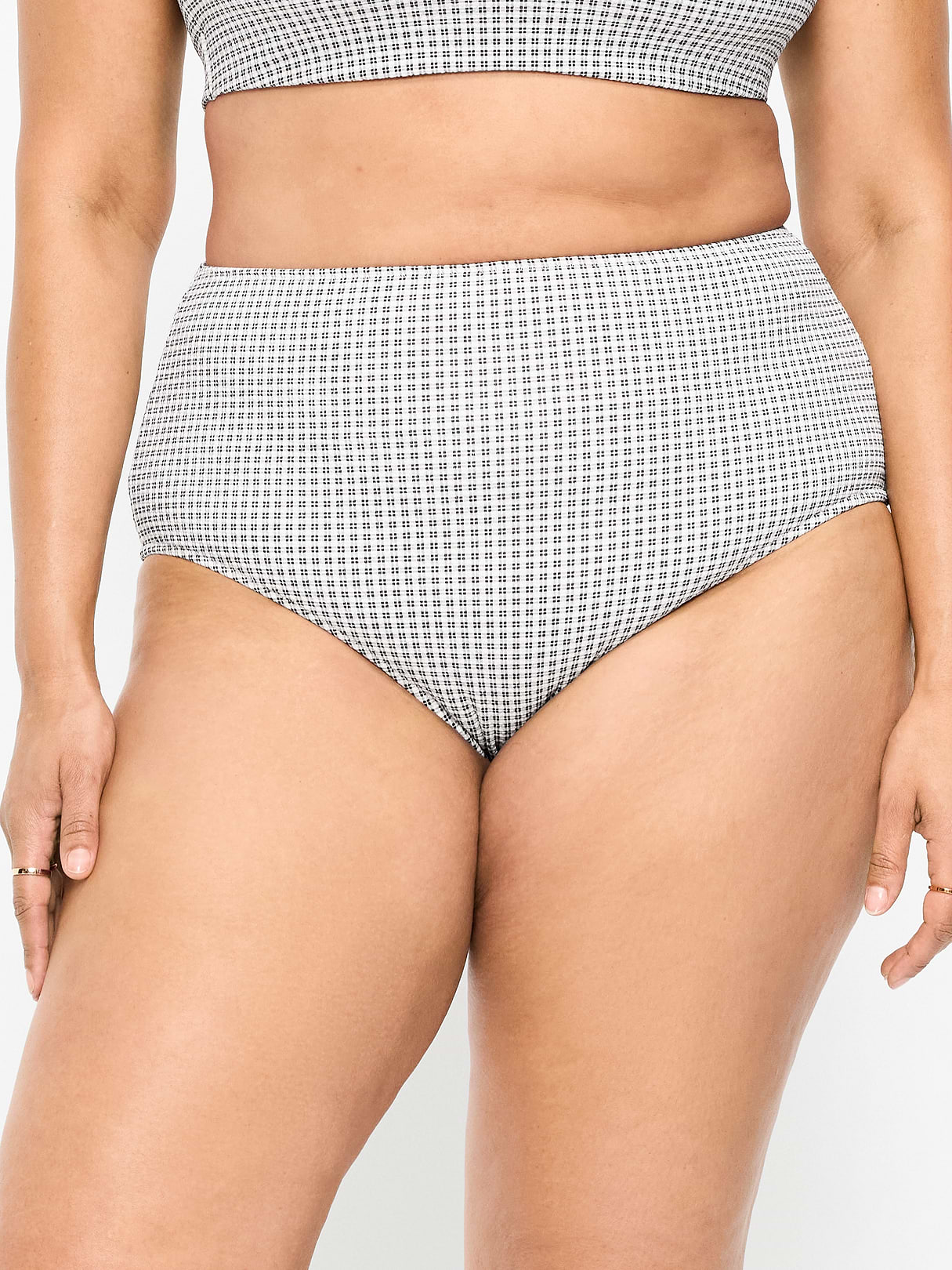 High-Waisted Ribbed Bikini Swim Bottoms - Black/White Gingham