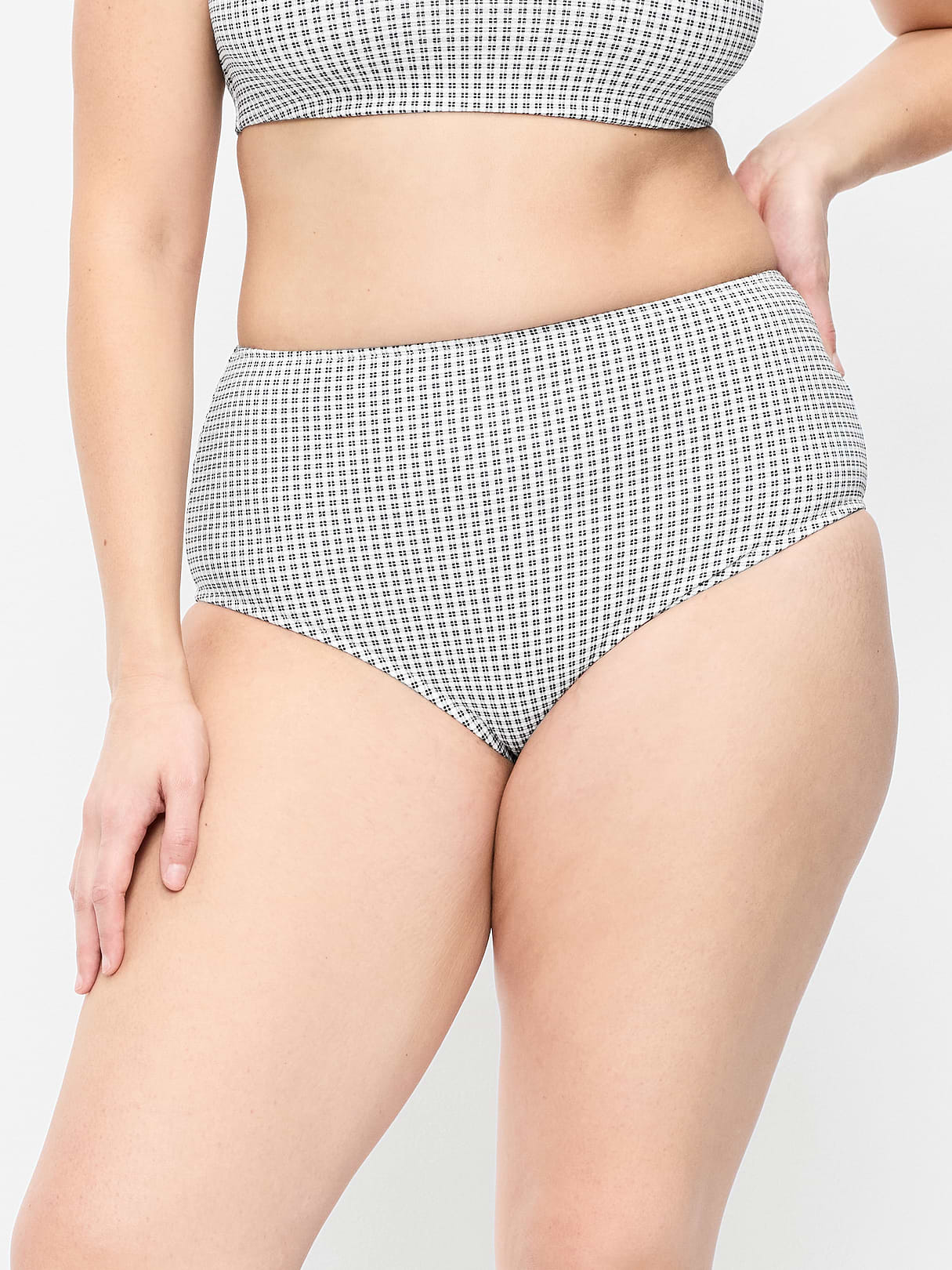 High-Waisted Ribbed Bikini Swim Bottoms - Black/White Gingham