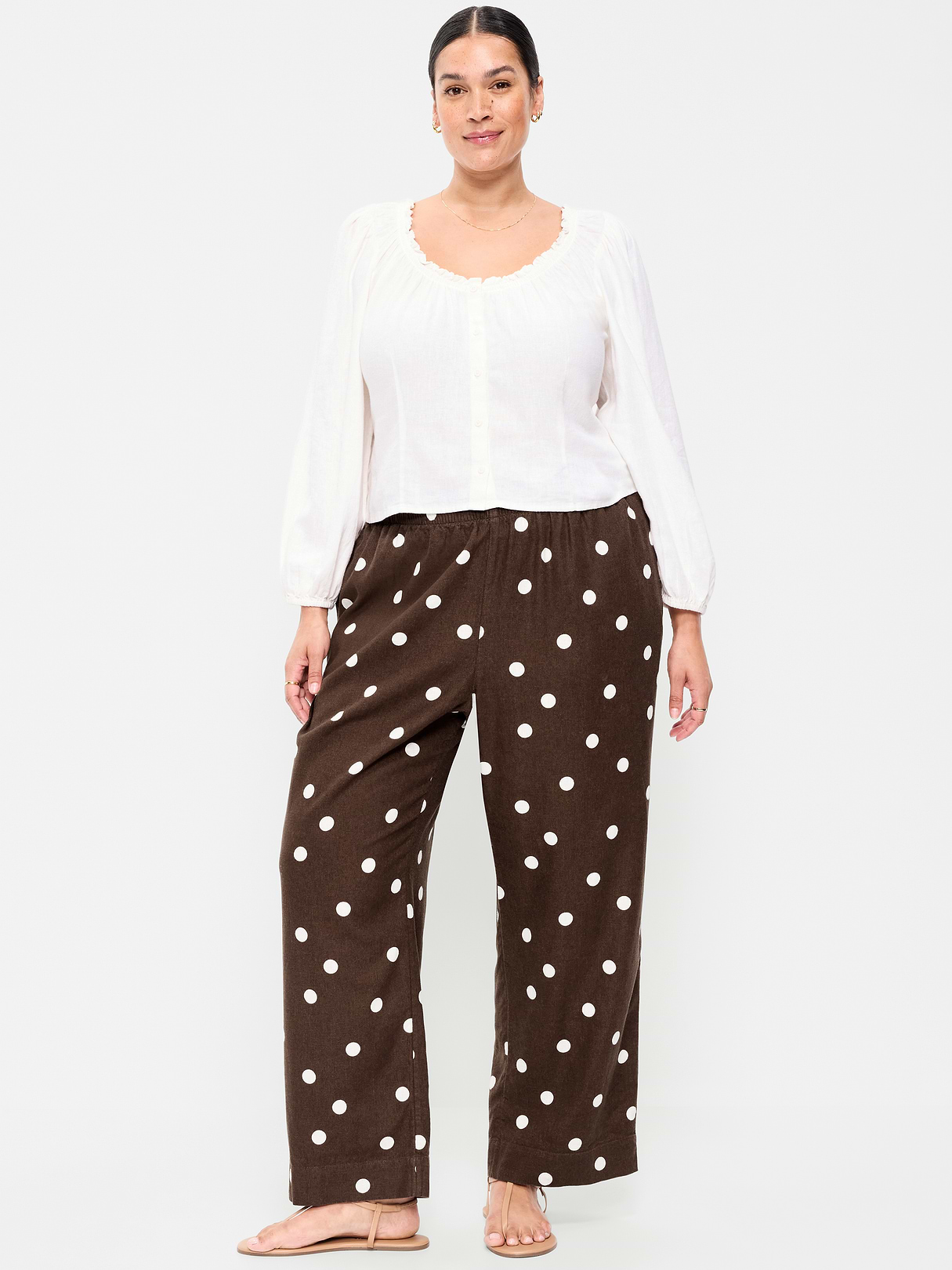 High-Waisted Linen-Blend Straight Ankle Pants - Brown Dots