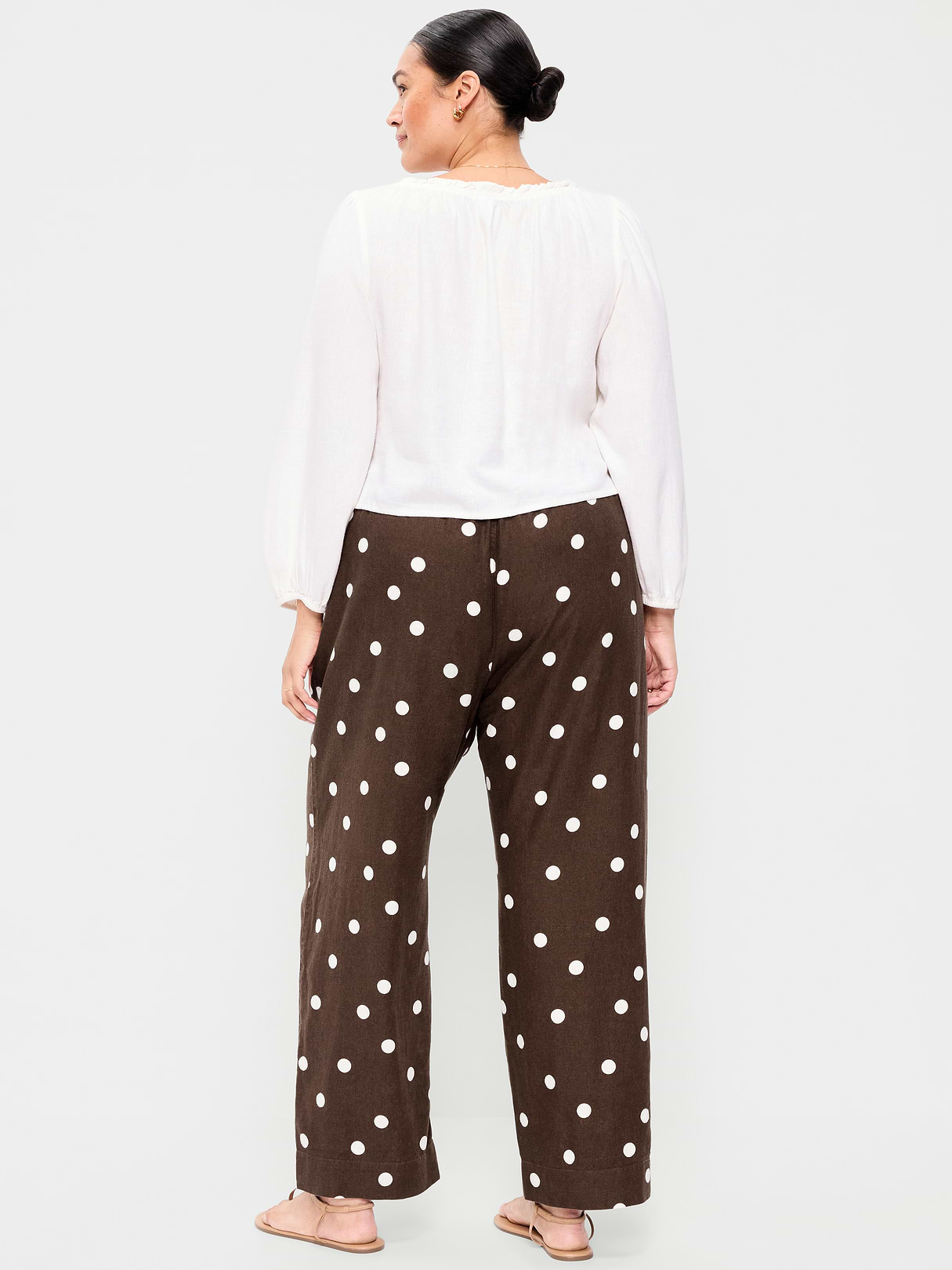 High-Waisted Linen-Blend Straight Ankle Pants - Brown Dots