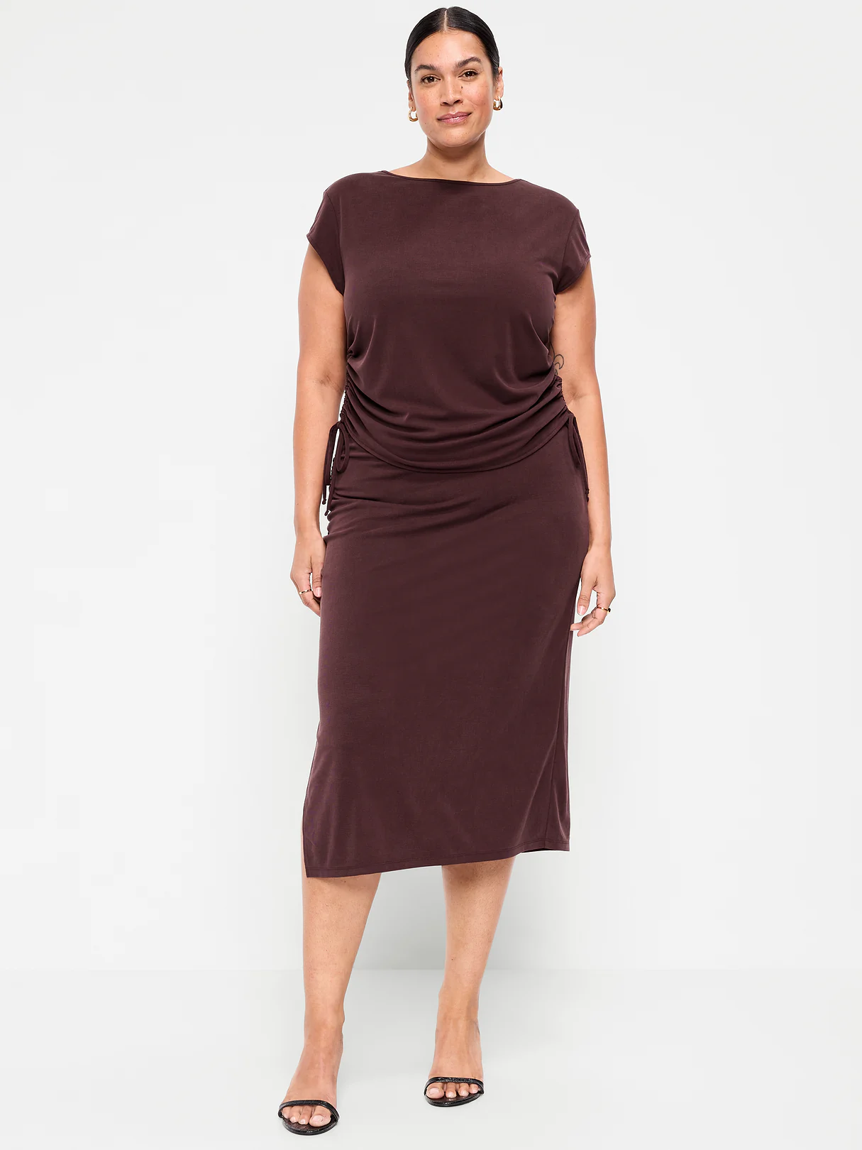 Ruched Midi Skirt - Plum Brown
