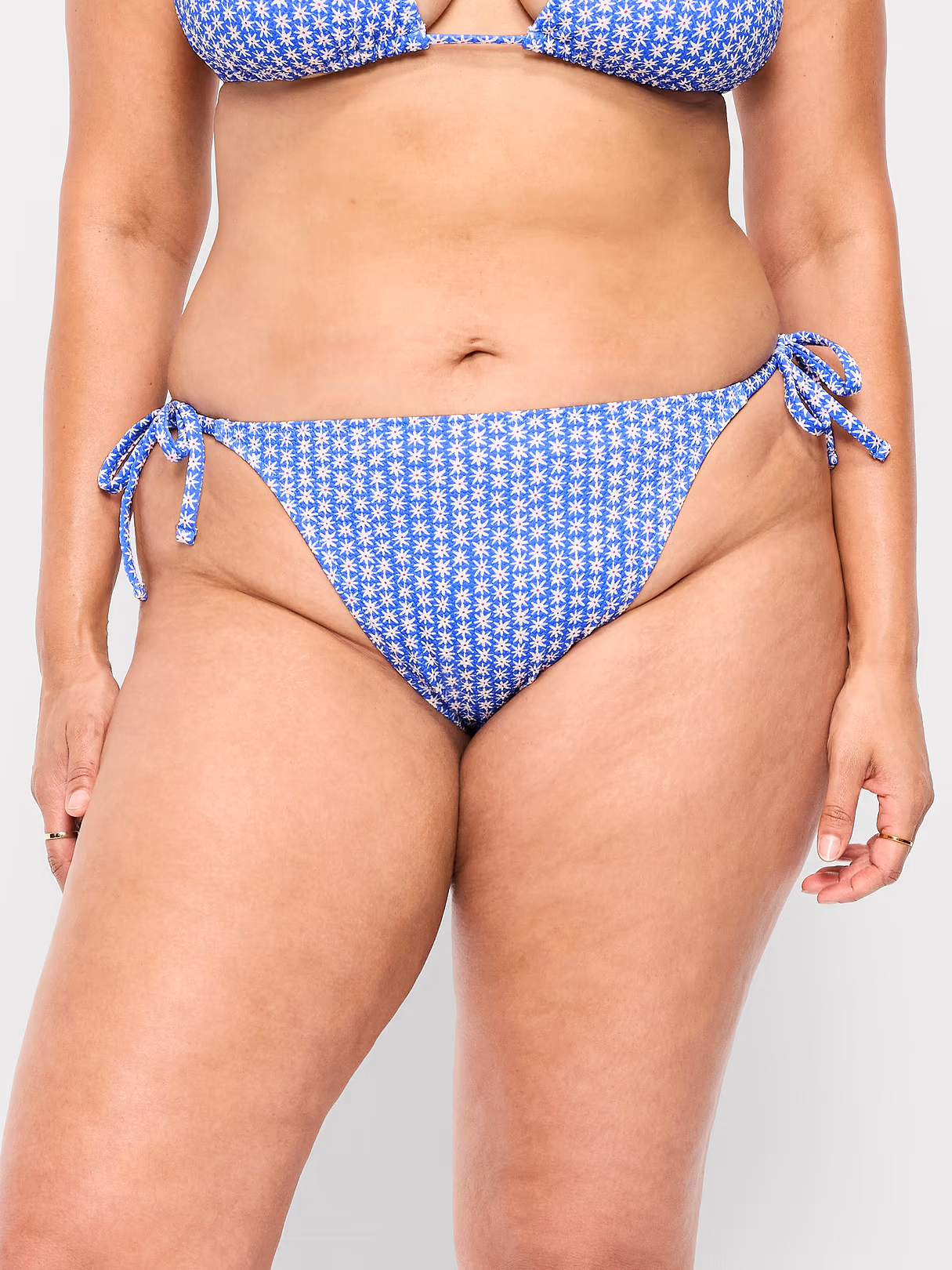 Eyelet String Bikini Swim Bottoms - Blue Ditsy Floral