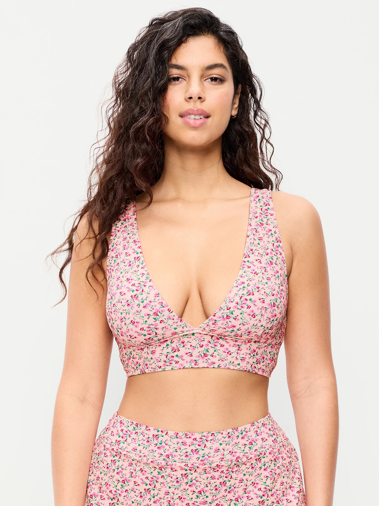 V-Neck Longline Bikini Swim Top - Pink Floral