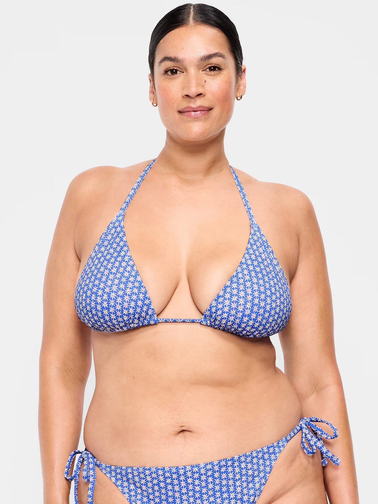Pique Triangle String Bikini Swim Top - Blue Ditsy Floral