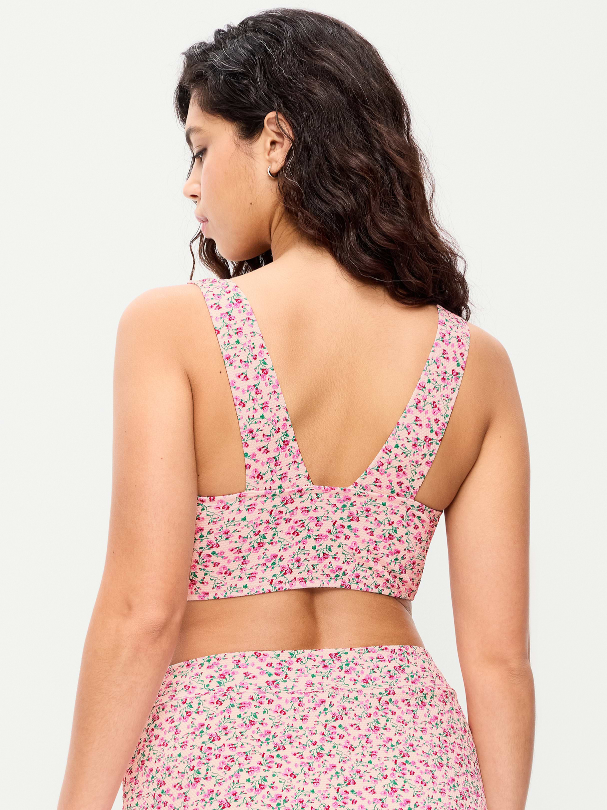 V-Neck Longline Bikini Swim Top - Pink Floral